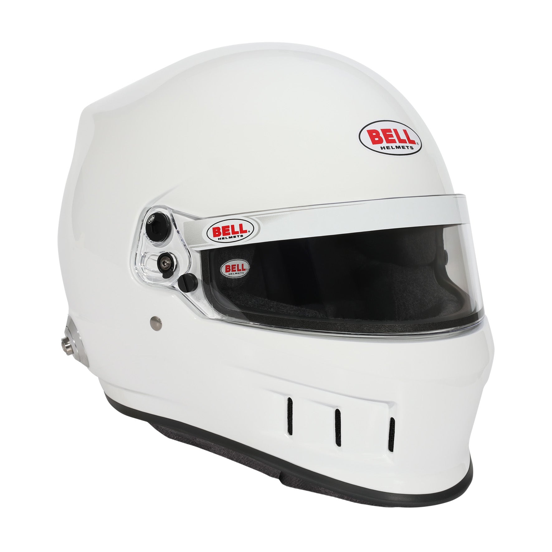 Bell XD7 Pro SA2025 racing helmet right side profile — Hans anchor, SmartLock visor mechanism, and chin bar ventilation in white