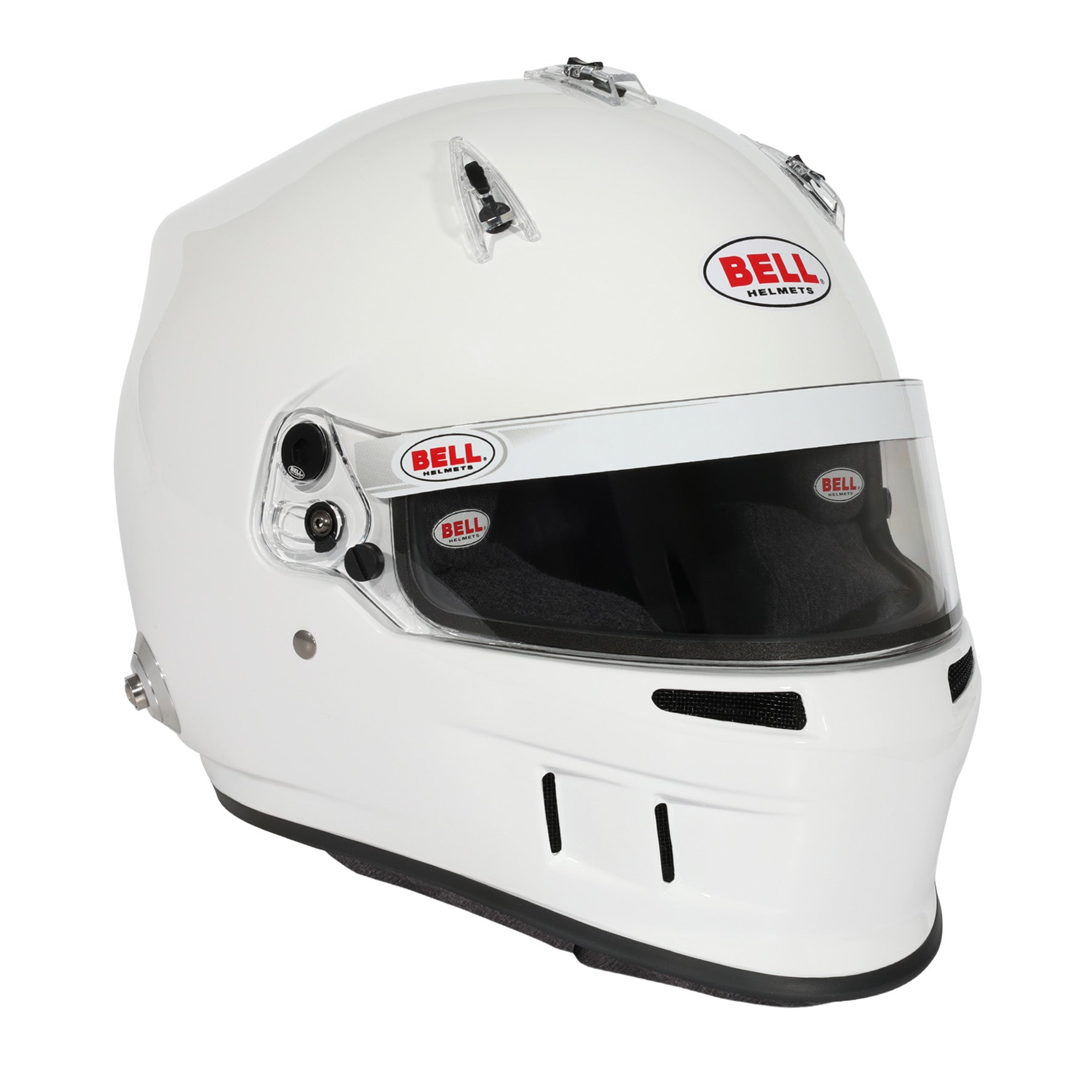 Bell XR7 Pro SA2025 racing helmet right side profile — factory Hans anchor, SmartLock visor mechanism, and chin bar ventilation in white