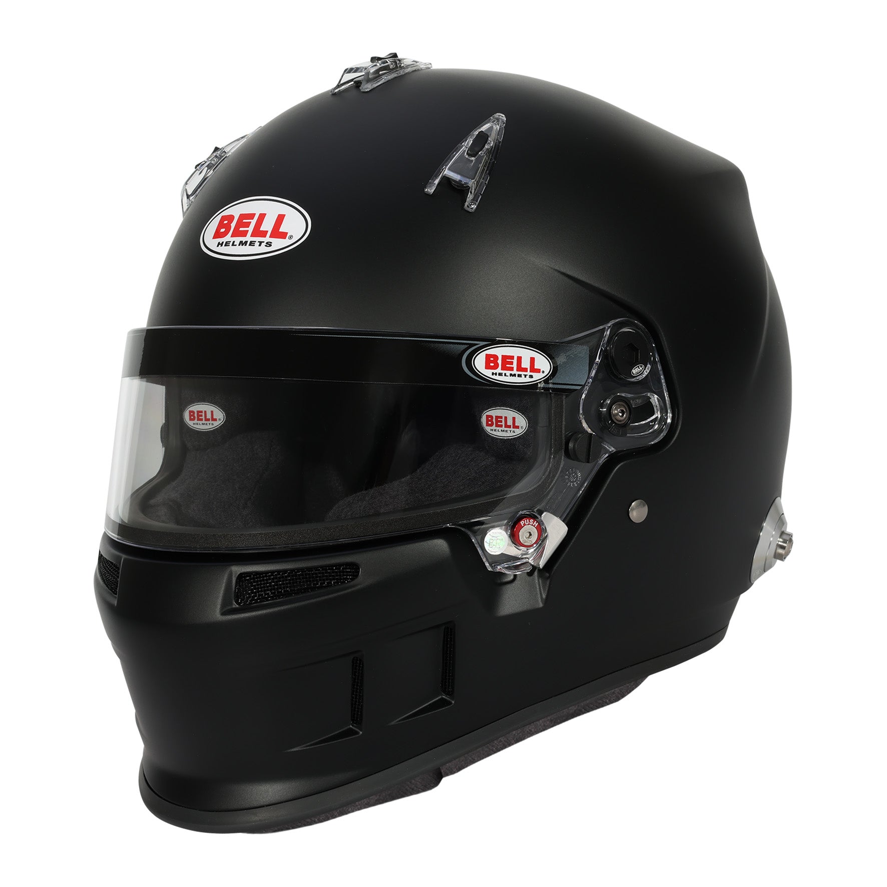 Bell XR7 Pro SA2025 racing helmet in matte black left side view — composite shell, direct-flow chin bar vents, and SmartLock shield mechanism