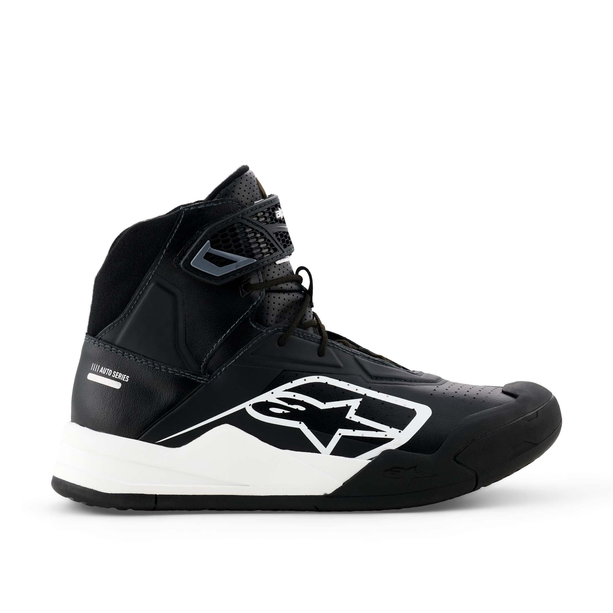 Alpinestars Radar V2 FIA/SFI Pit Crew Shoes in Black/White, outside lateral view showing leather upper protective print, perforation zones, and ergonomic heel counter.