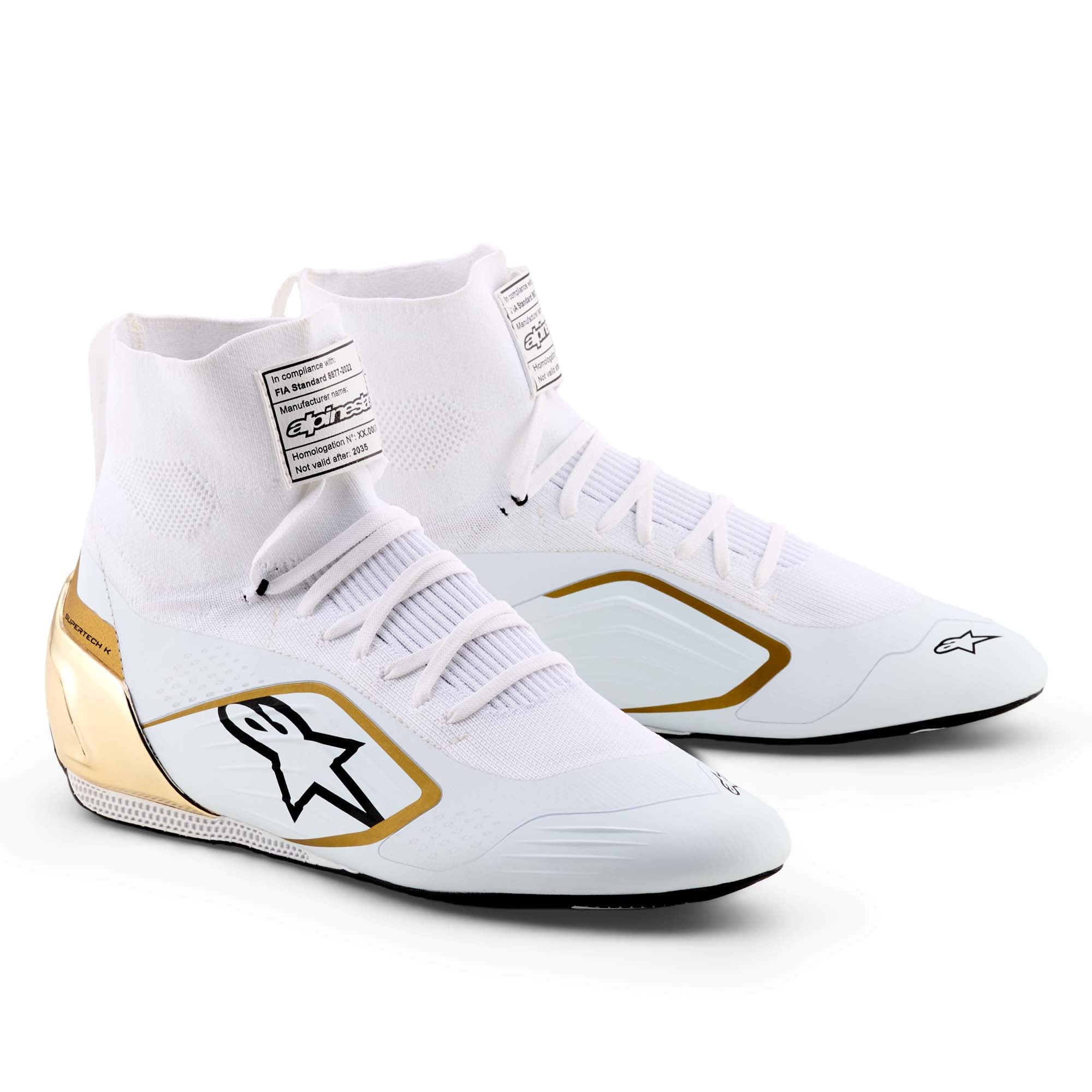 Alpinestars Supertech K FIA Karting Shoes in White/Black/Gold, showing fully knitted upper, TPU heel counter, and ultra-thin F1-derived rubber outsole.