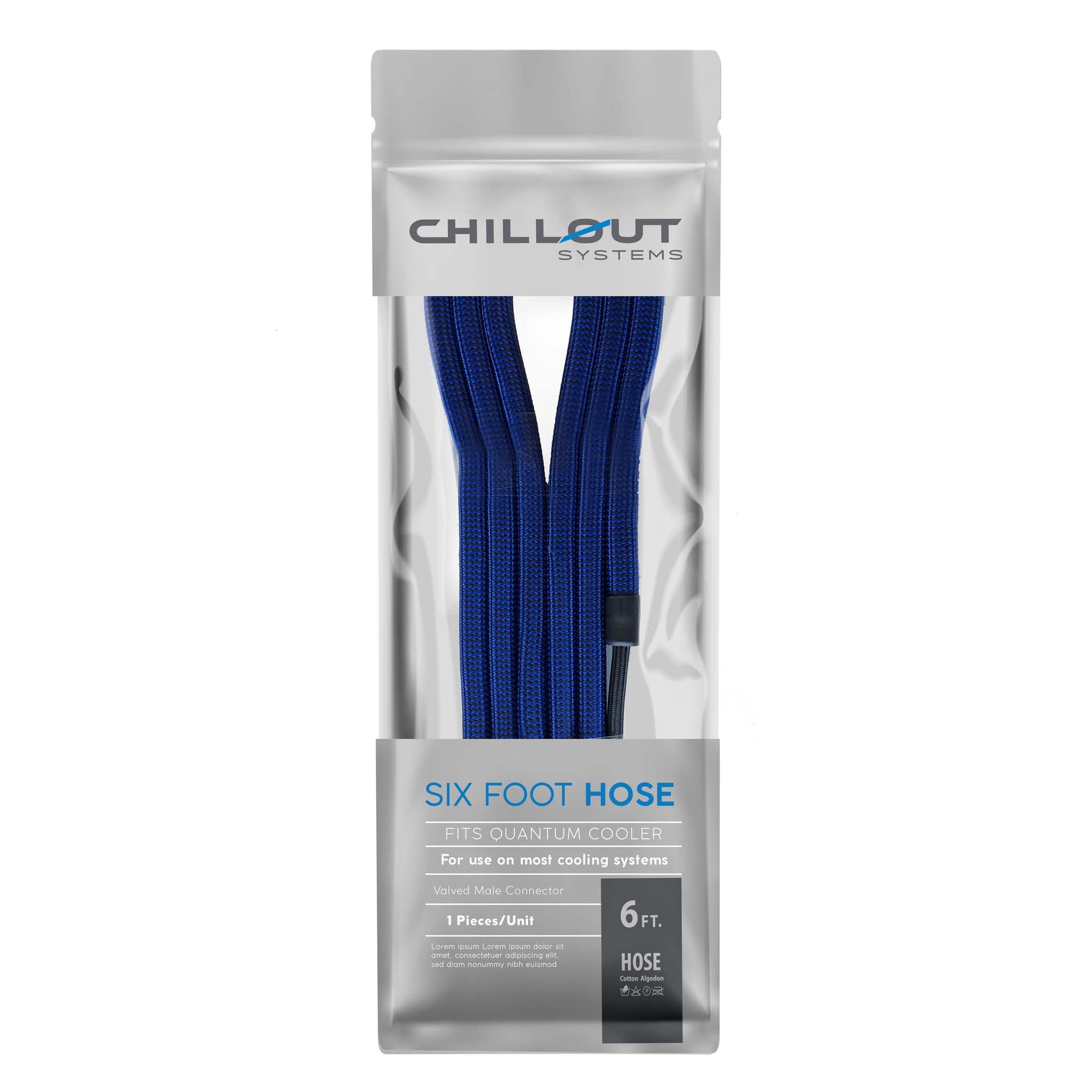 Chillout Systems 6-foot insulated coolant hose with double-insulated fabric shield, male and female connectors, and heat shrink tubing included.
