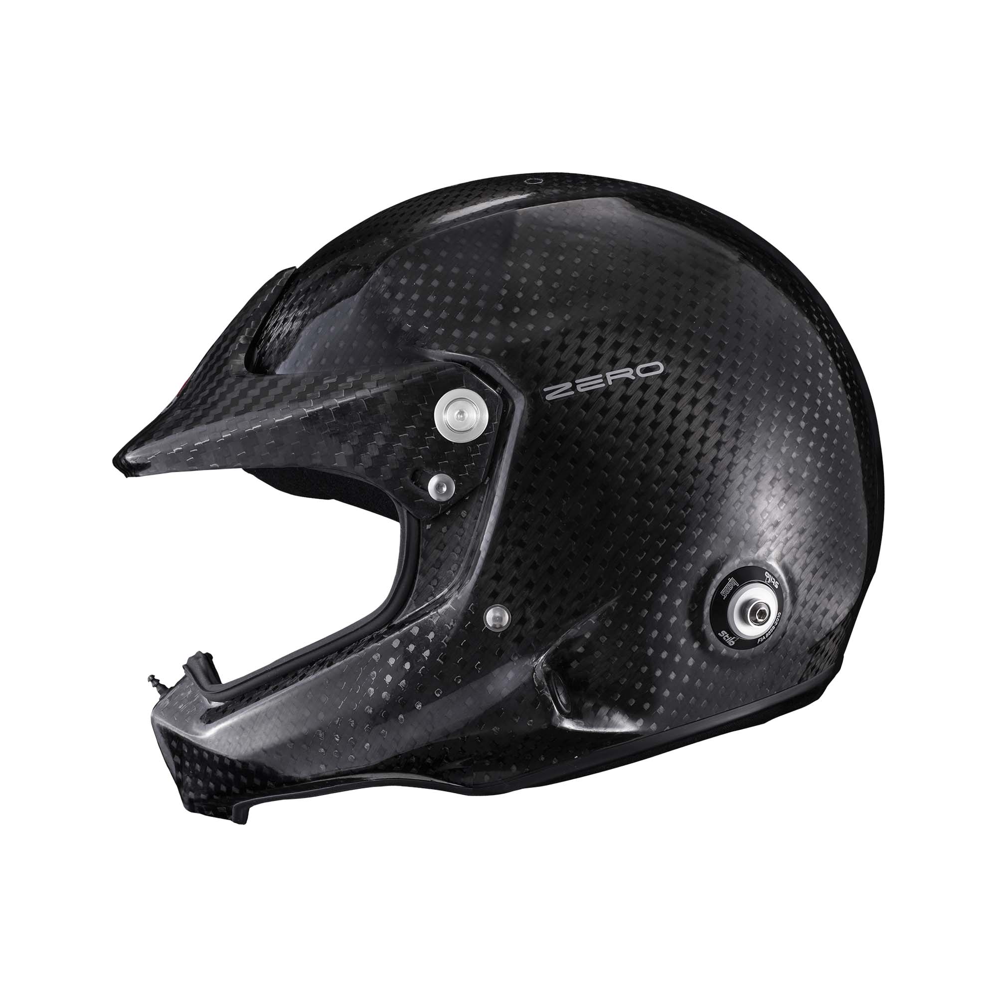 Left-side profile of Stilo Venti WRX Raid Carbon Zero helmet highlighting carbon finish and rally ventilation.