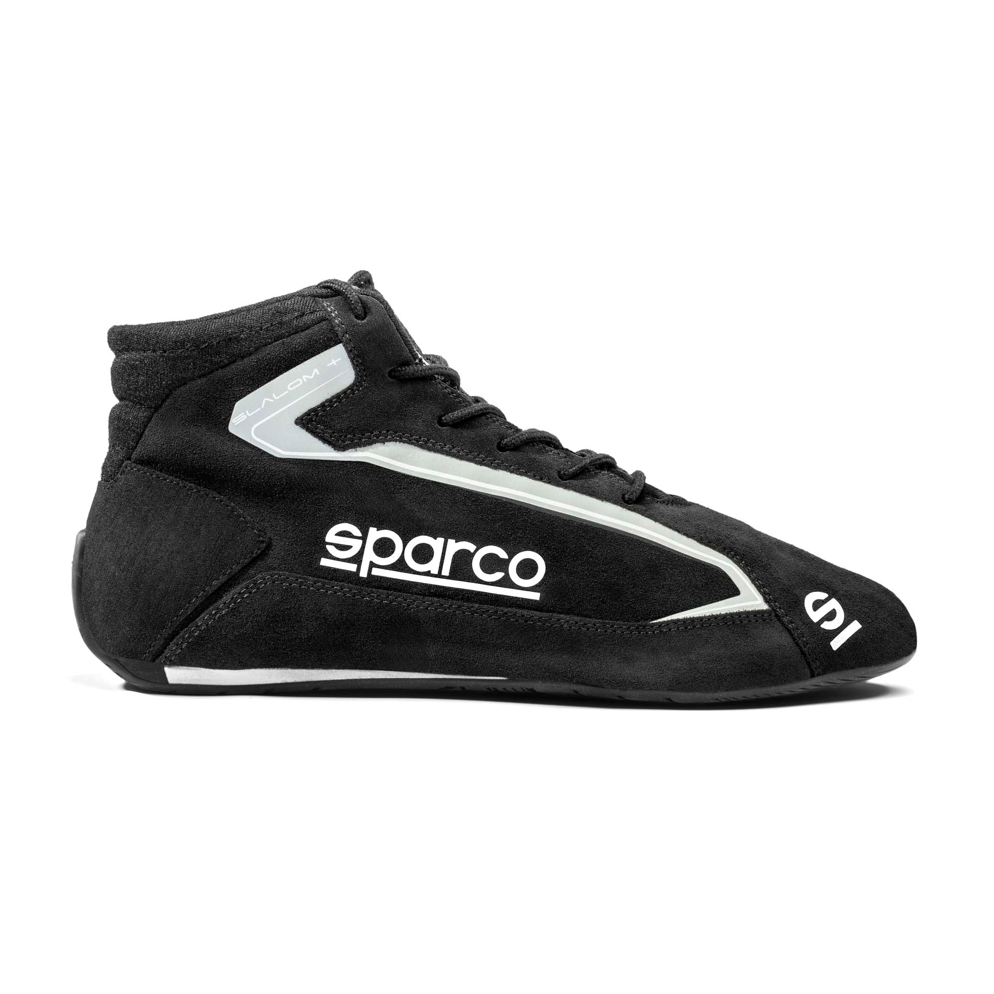 Sparco Slalom+ black racing shoe with high-top ankle support and textured rubber sole.