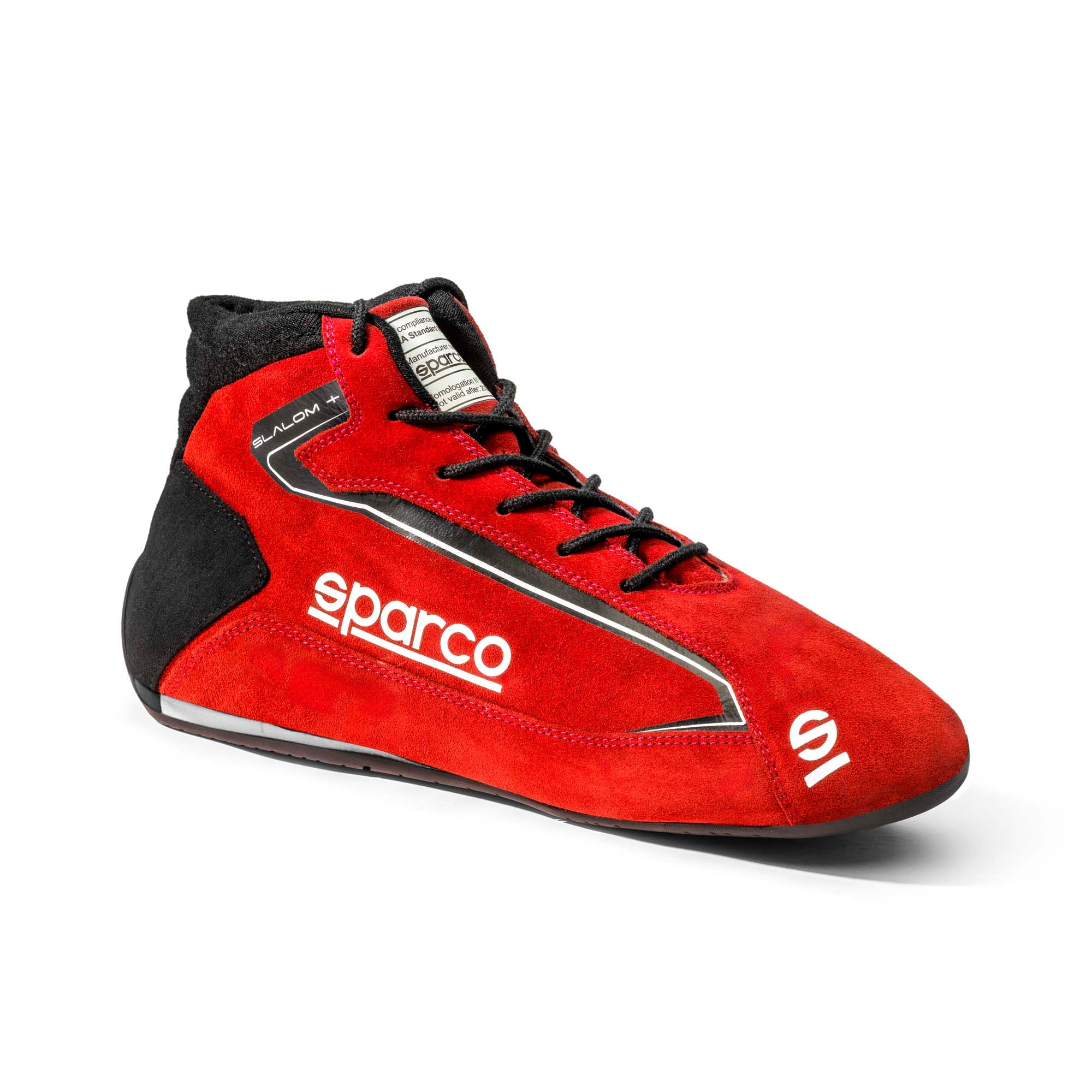 Sparco Slalom+ FIA 8856‑2018 and SFI 3.3/5 racing shoes in suede with contrast stitching, reinforced heel, and fire‑resistant lining.