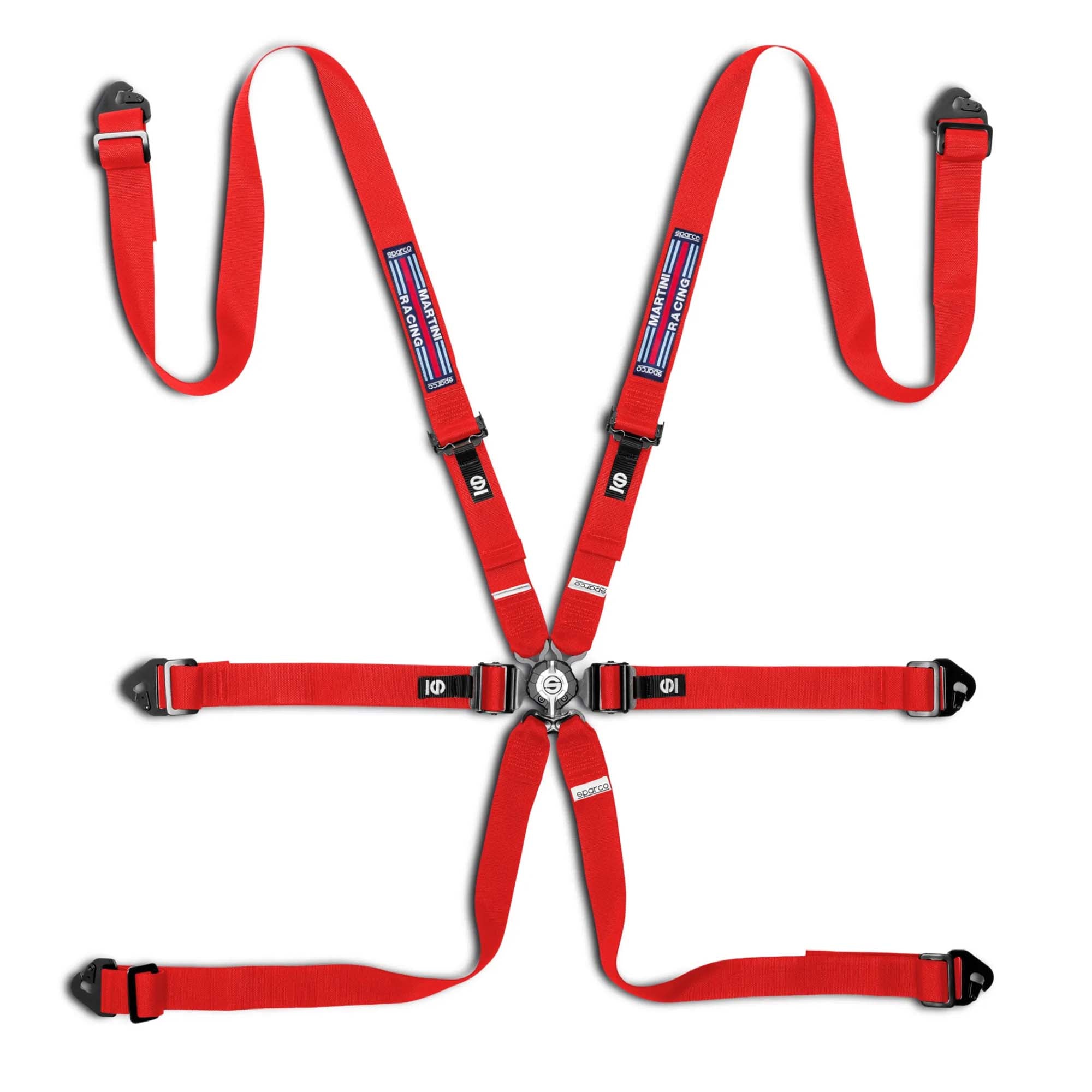 Sparco Martini Racing Comp H-2 PD 6-point racing harness in Red with woven Martini stripe patch