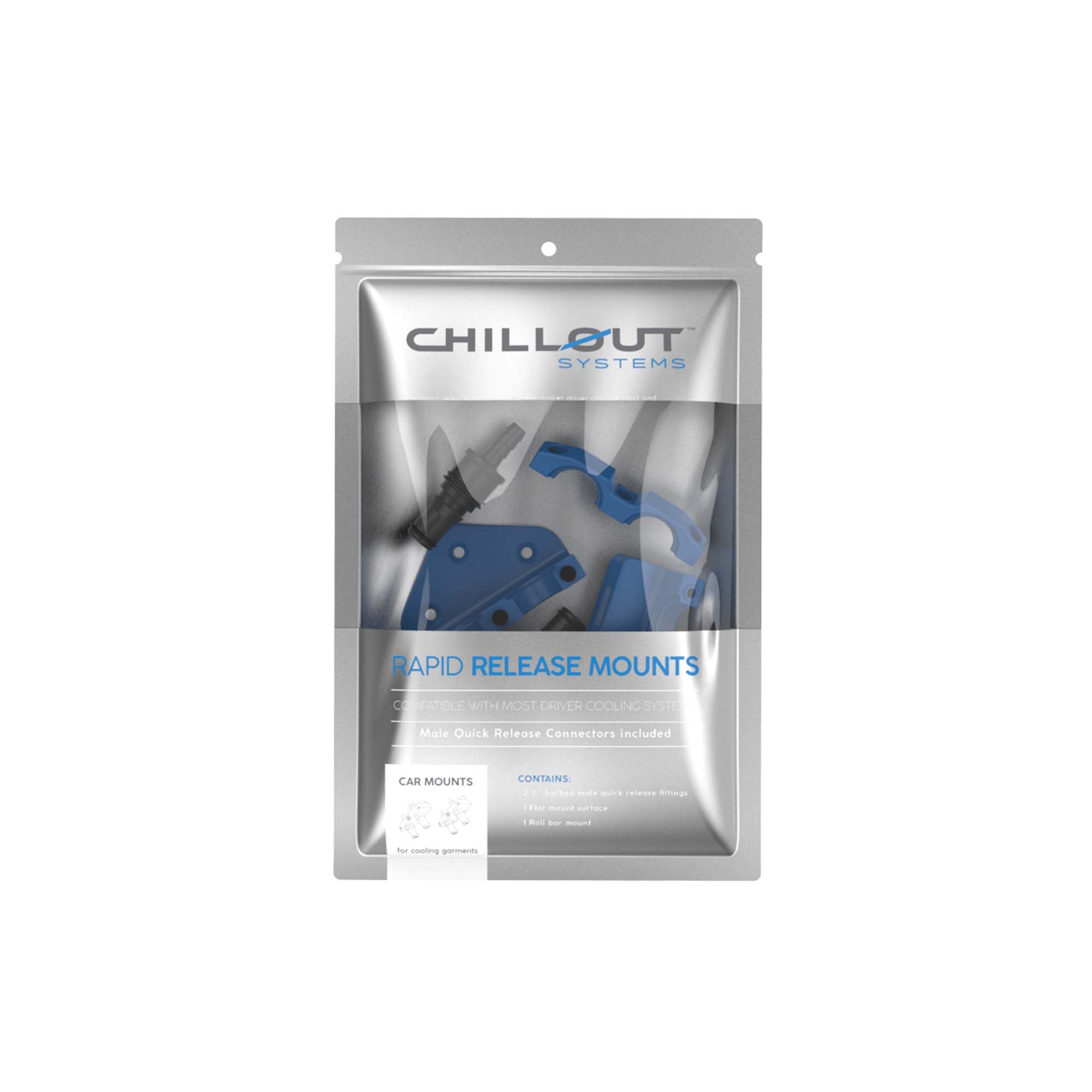 Chillout Systems Rapid Release Mounts showing roll bar mount and flat surface mount with 1/4-inch barbed quick-release fittings for driver cooling hose connection.