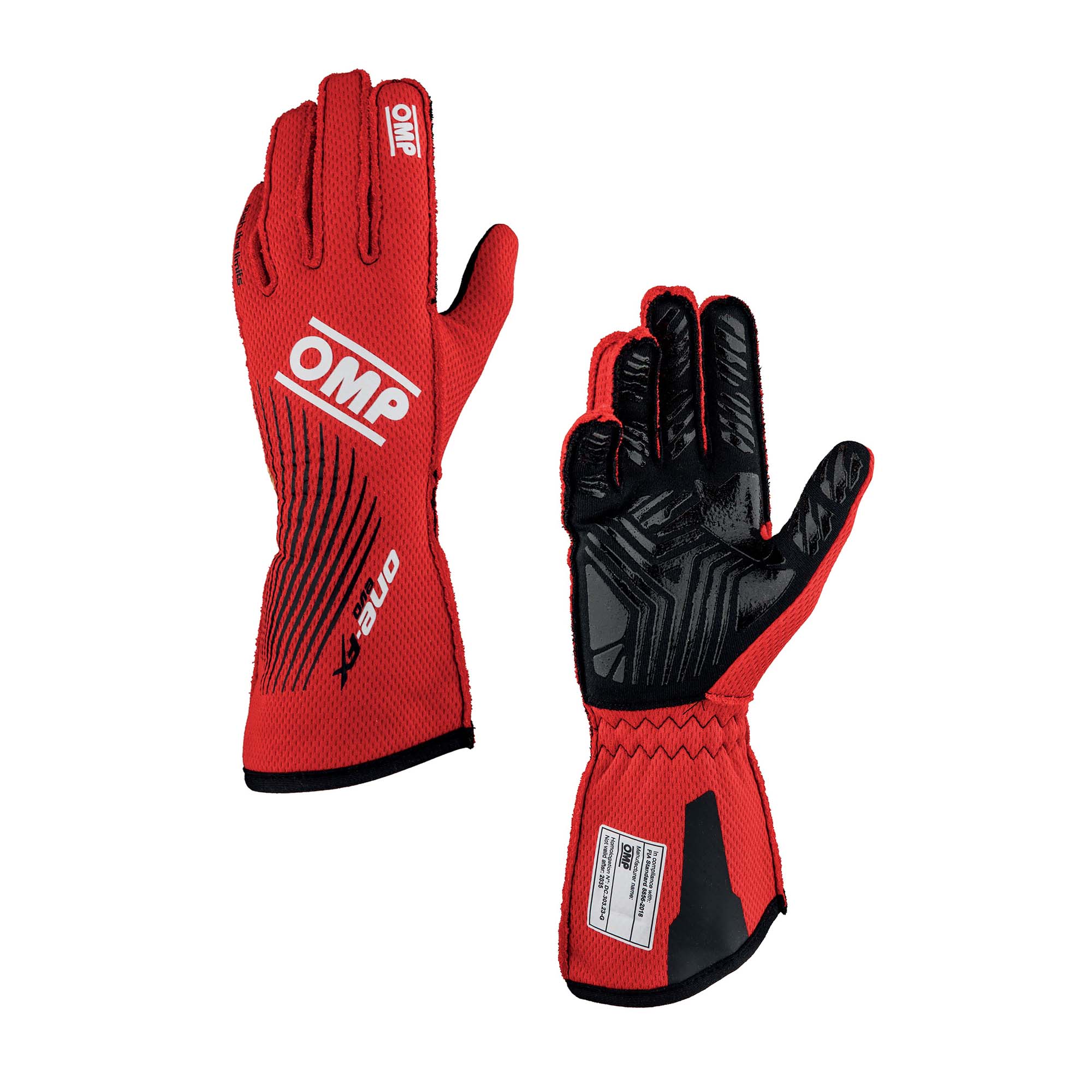 OMP One EVO FX v2 fire-resistant racing gloves in red with silicone palm grip zones, FIA 8856-2018 homologated