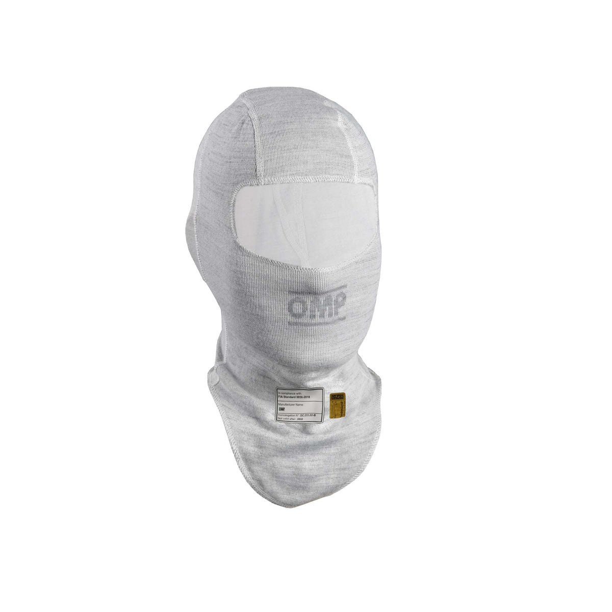 OMP Tecnica Evo v2 FIA 8856-2018 racing balaclava in Silver White with ultraflat lateral seams
