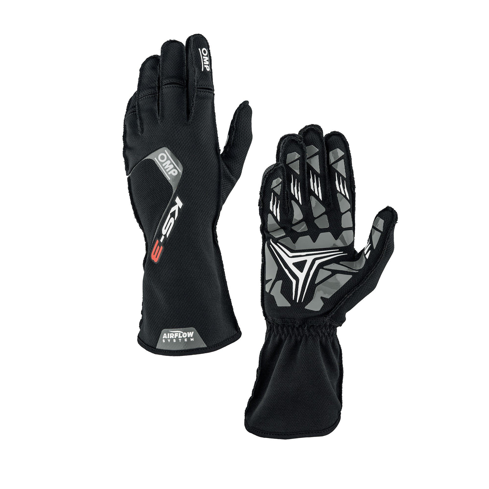OMP KS-3 v2 karting gloves in black with AirFlow textured palm and pre-shaped fingers