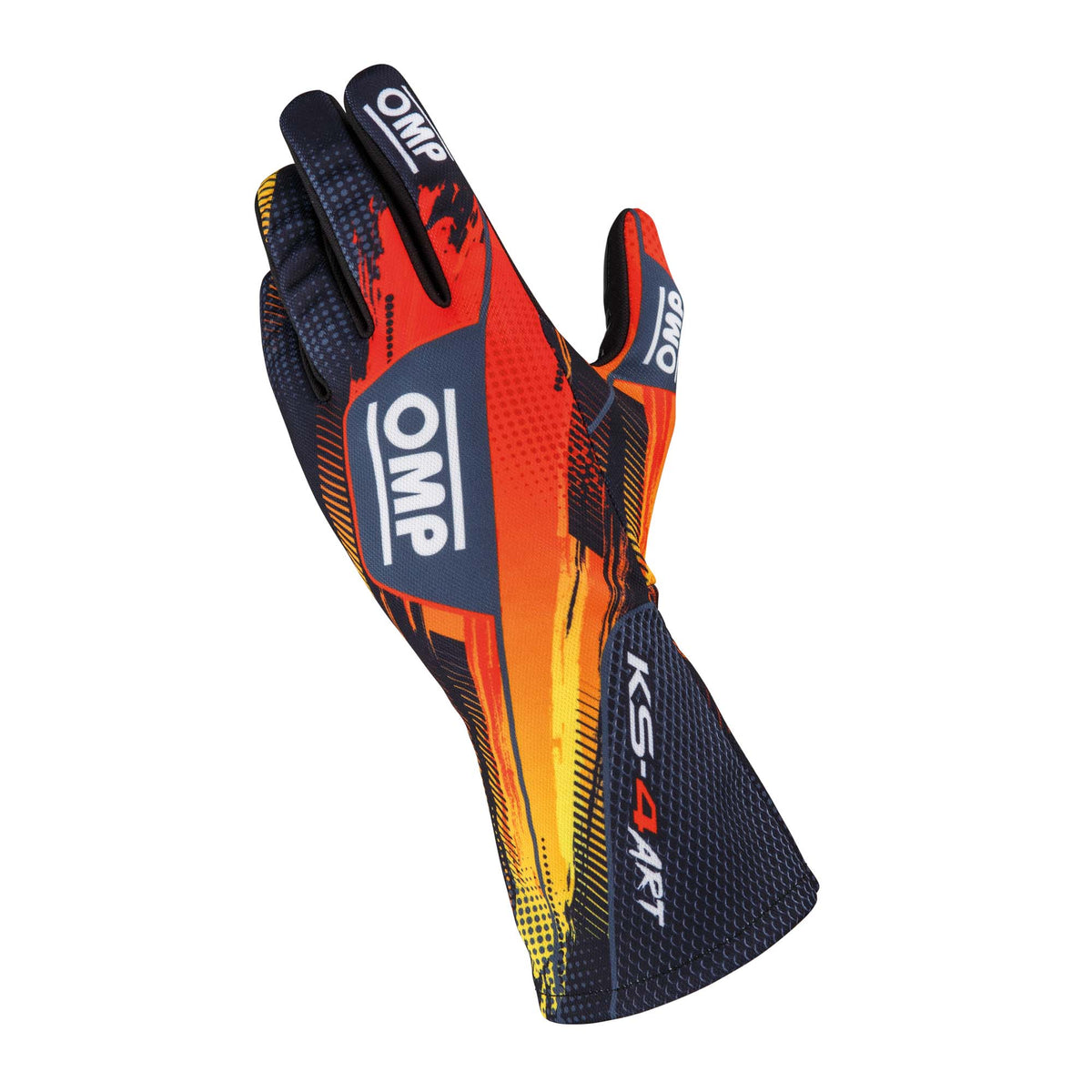 OMP KS-4 ART karting gloves in Black/Orange with silicone rubber palm and elastic wrist