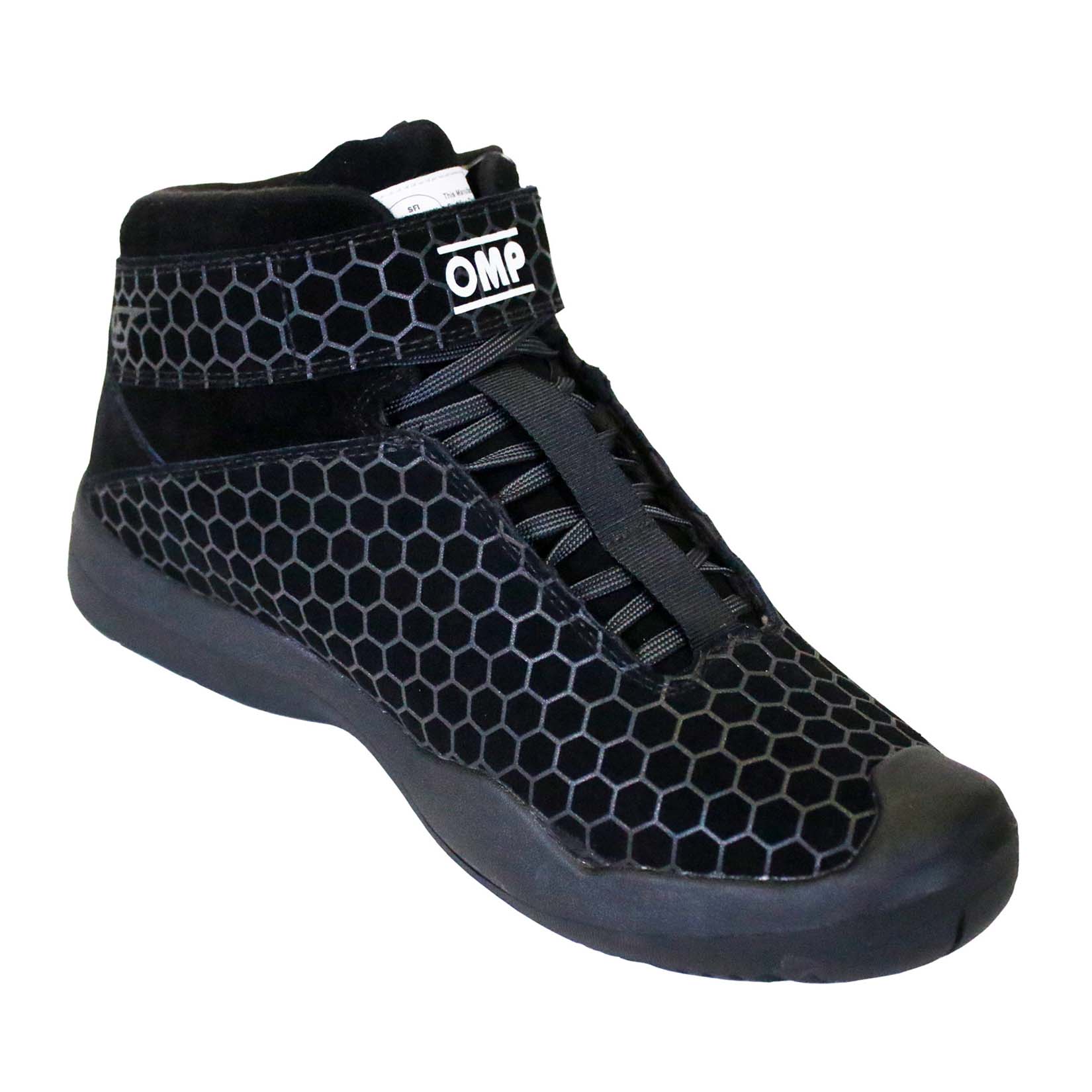 Inner side profile of OMP Pit Crew fire-resistant shoe highlighting ankle support and fire-retardant material.