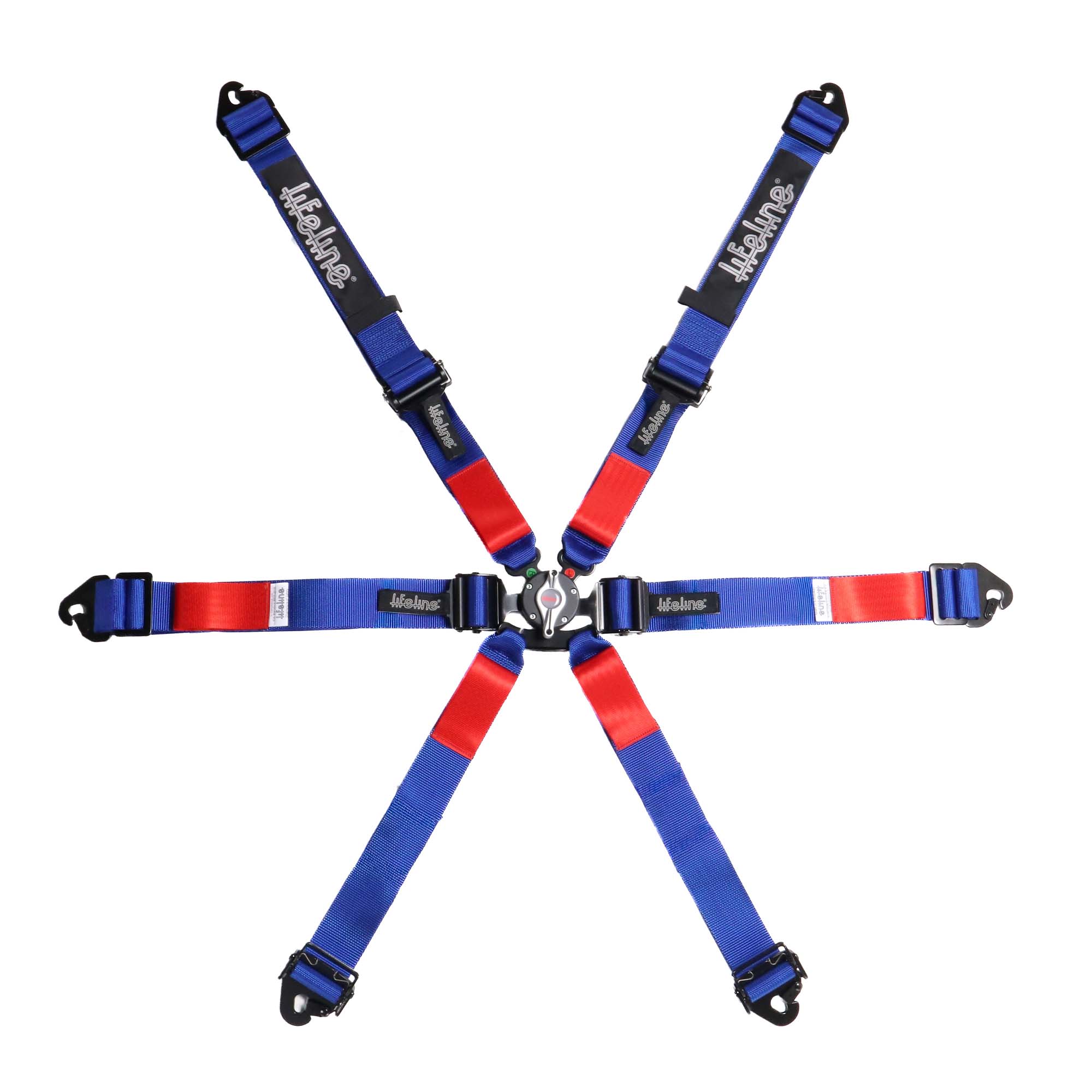 Lifeline Copse Apex 6-point FIA 8853-2016 racing harness in blue with pull-down lap adjuster, quick-adjust anti-submarine belts, and camlock buckle