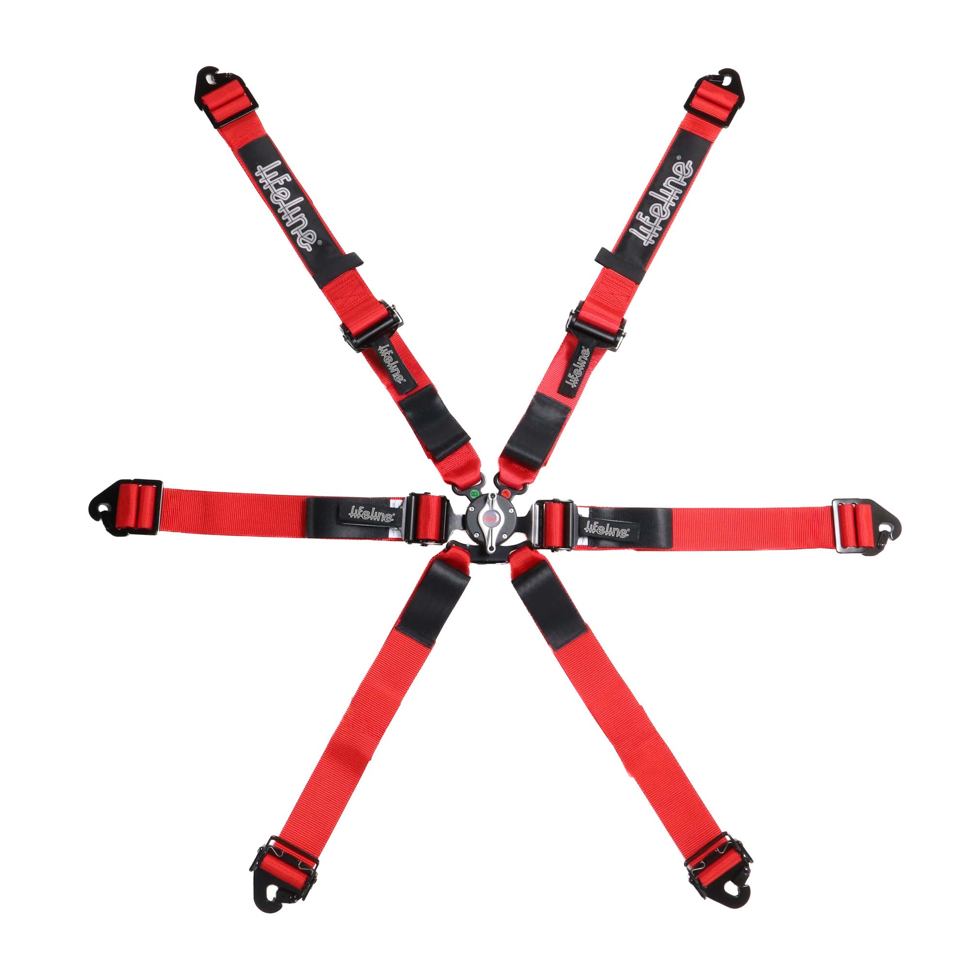 Lifeline Copse Apex 6-point FIA 8853-2016 racing harness in red with pull-down lap adjuster, quick-adjust anti-submarine belts, and camlock buckle