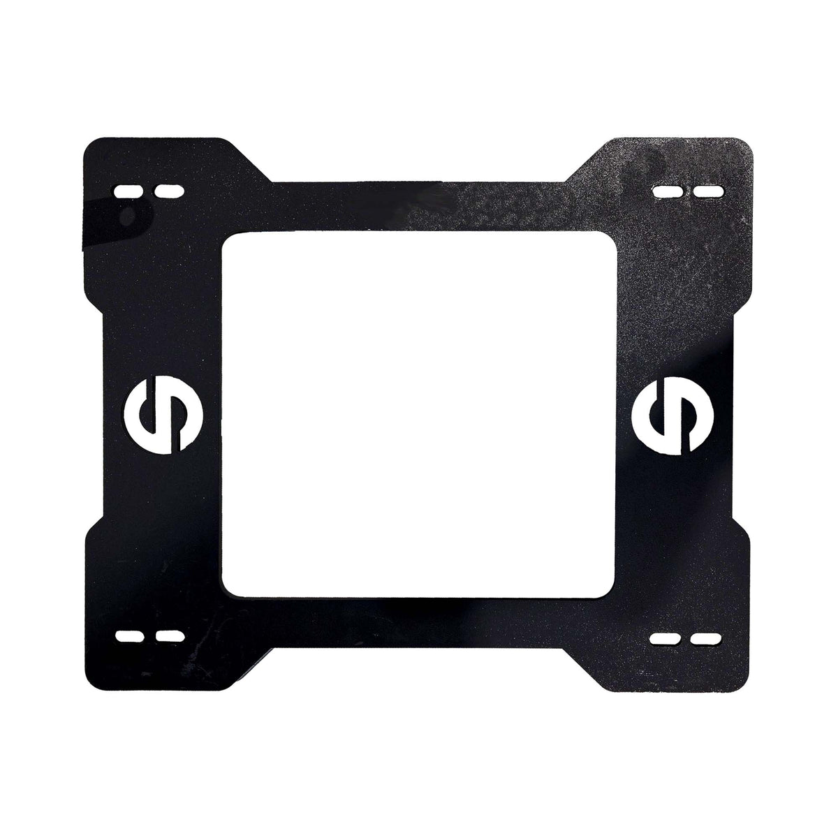 Sparco 600 Series seat base top plate, black powder-coated steel with Sparco logo cutouts and slotted slider mounting holes