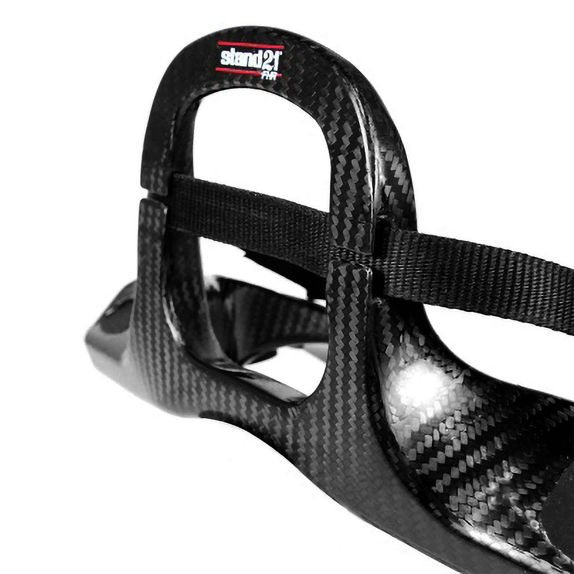 Close-up rear view of Stand 21 Featherlite 20 FHR highlighting tether attachment points and carbon fiber weave detail