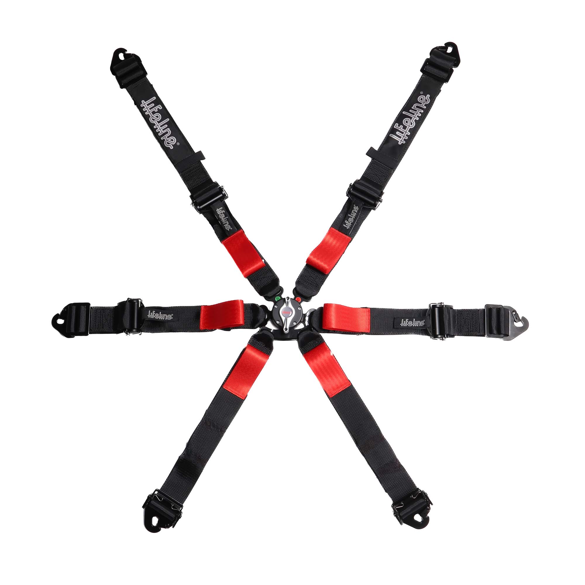 Lifeline Woodcote Apex 6-point FIA 8853-2016 racing harness in black with pull-up lap adjuster, quick-adjust anti-submarine belts, and camlock buckle