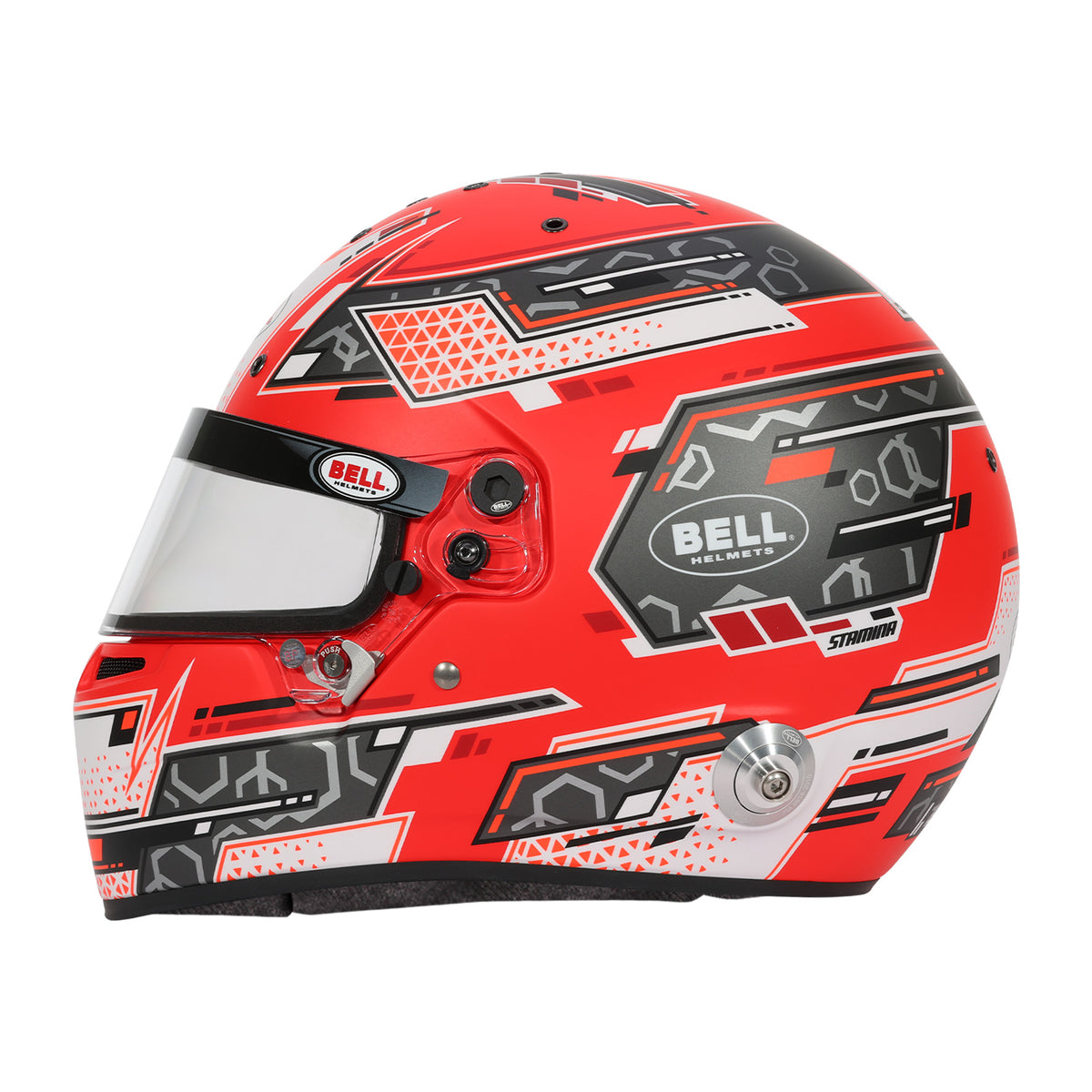 Bell RS7 Pro Stamina helmet in Anthracite/Red, left-side profile showing shell contour and side air-intake mount