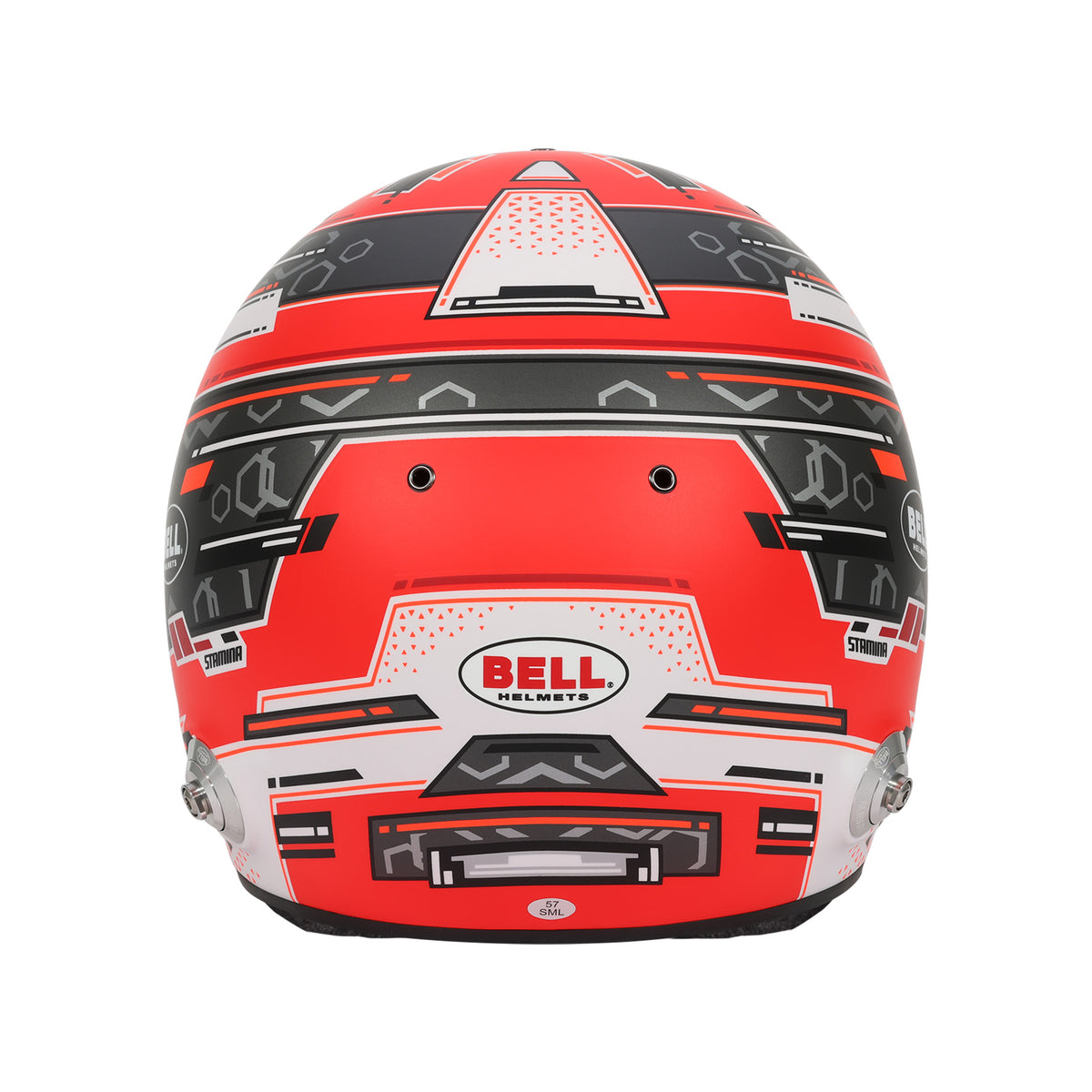 Bell RS7 Pro Stamina helmet in Anthracite/Red, rear view showing shell curvature and HANS anchor point