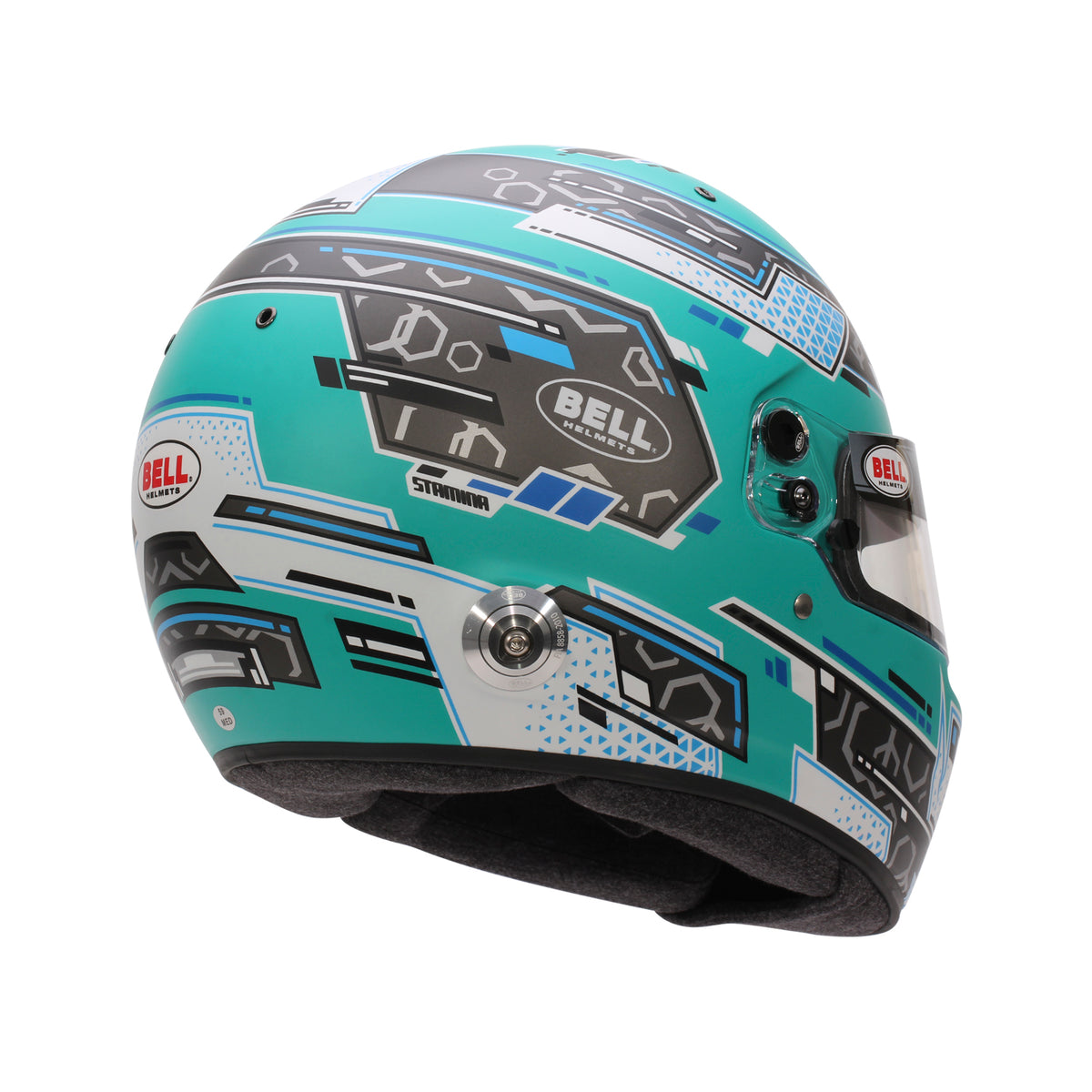 Bell RS7 Pro Stamina helmet in Anthracite/Aquamarine, back-right profile showing rear shell and extraction vents
