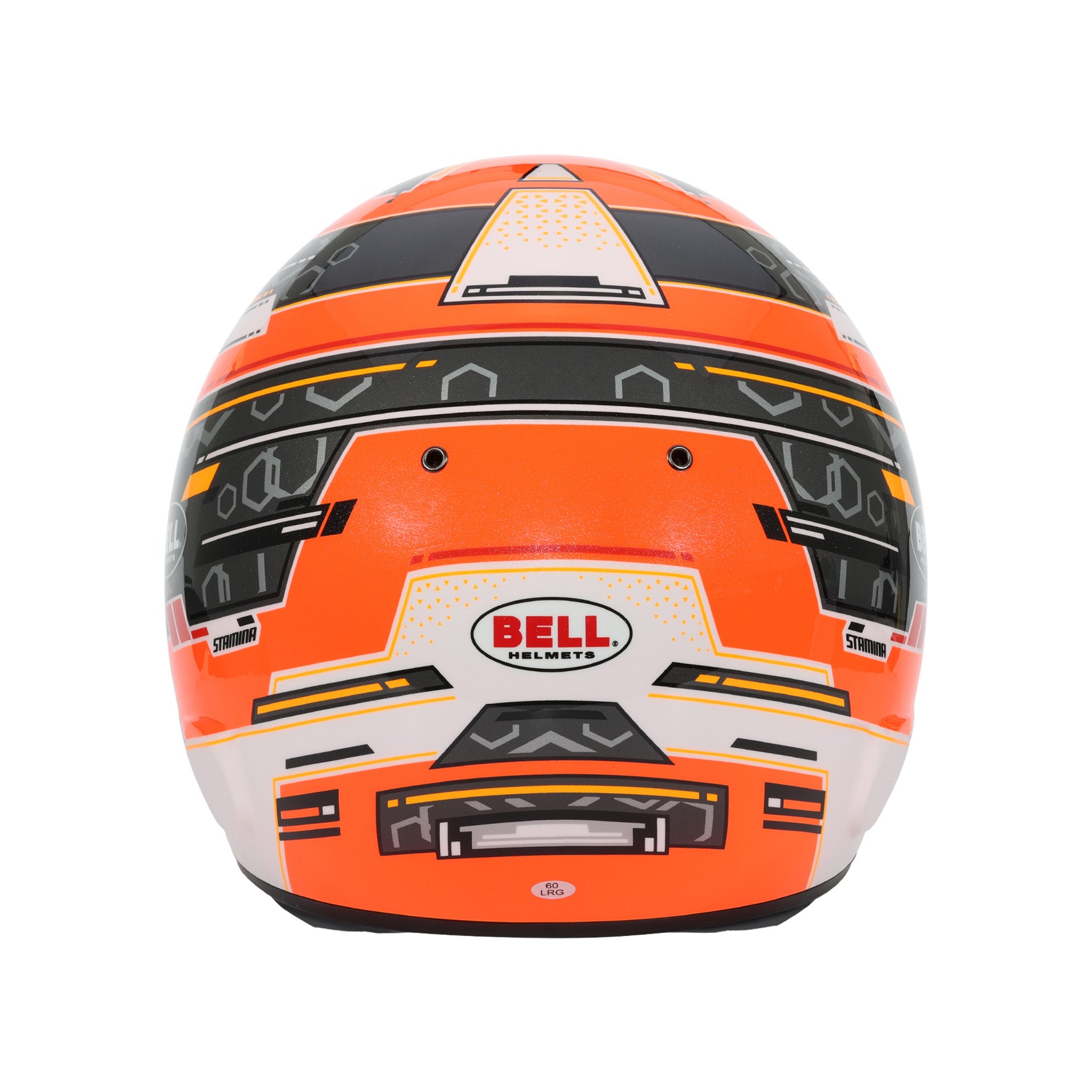 Bell RS7-K Stamina karting helmet rear view in anthracite and orange showing extraction vents and aero shell design, Snell K2025