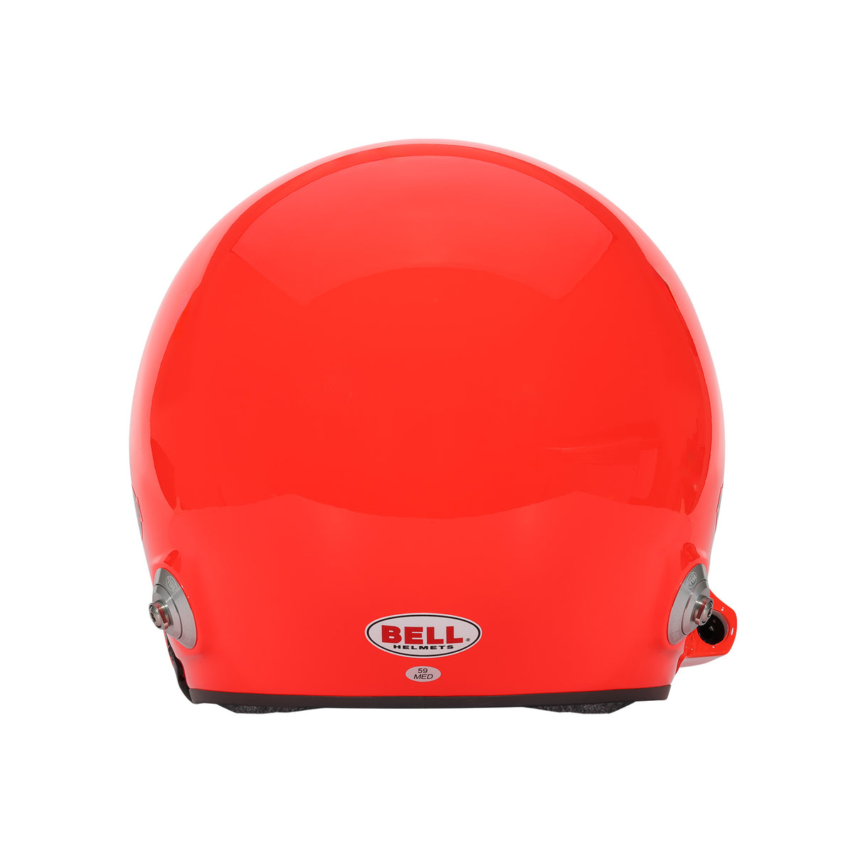 Bell MAG-10 Pro Rally helmet in Orange, rear view showing shell curvature and sound-insulating ear muffs