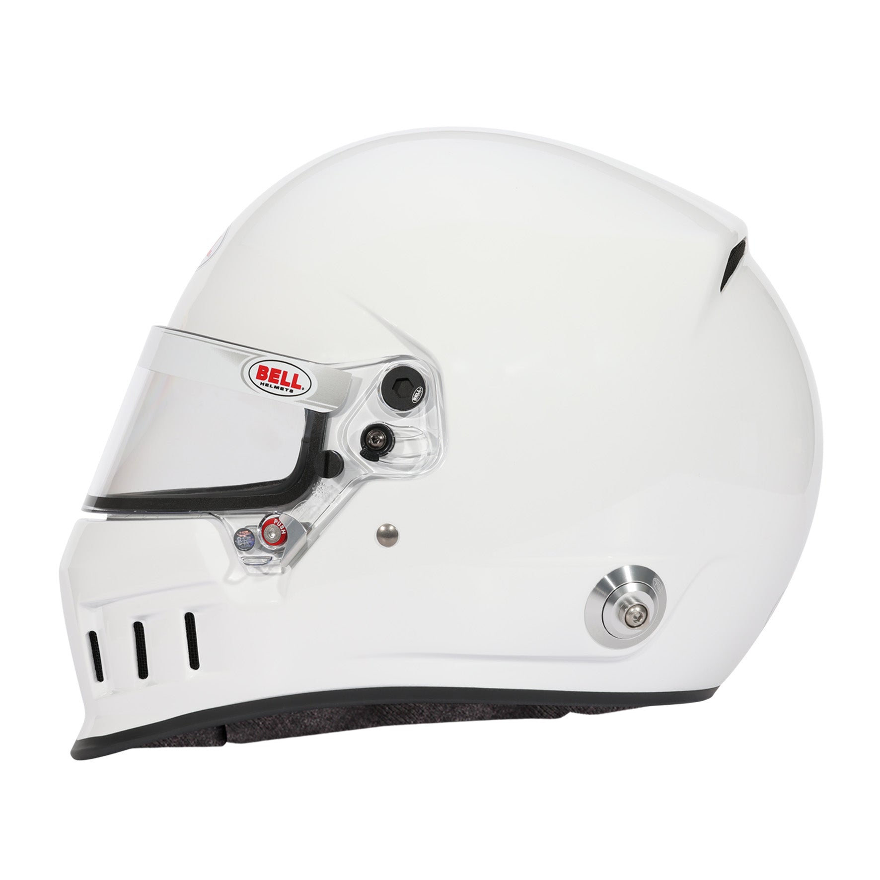 Bell XD7 Pro SA2025 racing helmet left side view — composite shell profile, Venturi chin bar vents, and SmartLock shield mechanism in white