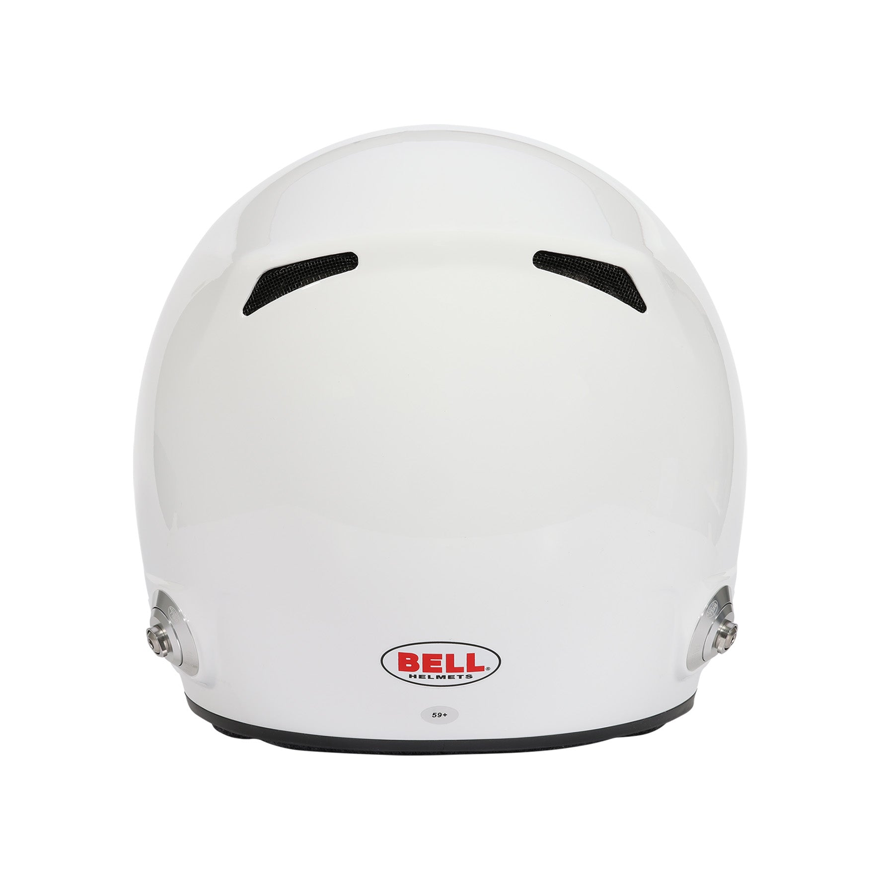 Bell XD7 Pro SA2025 racing helmet rear view — Venturi extraction ports and composite shell construction in white