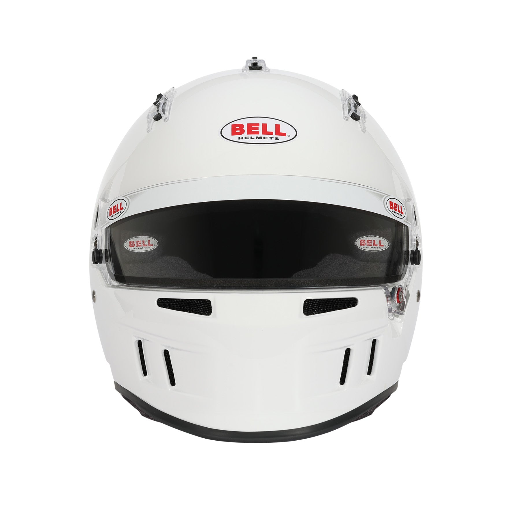 Bell XR7 Pro SA2025 racing helmet front view — DSAF anti-fog shield, upper and lower chin bar air intakes, and synthetic rubber gasket seal in white