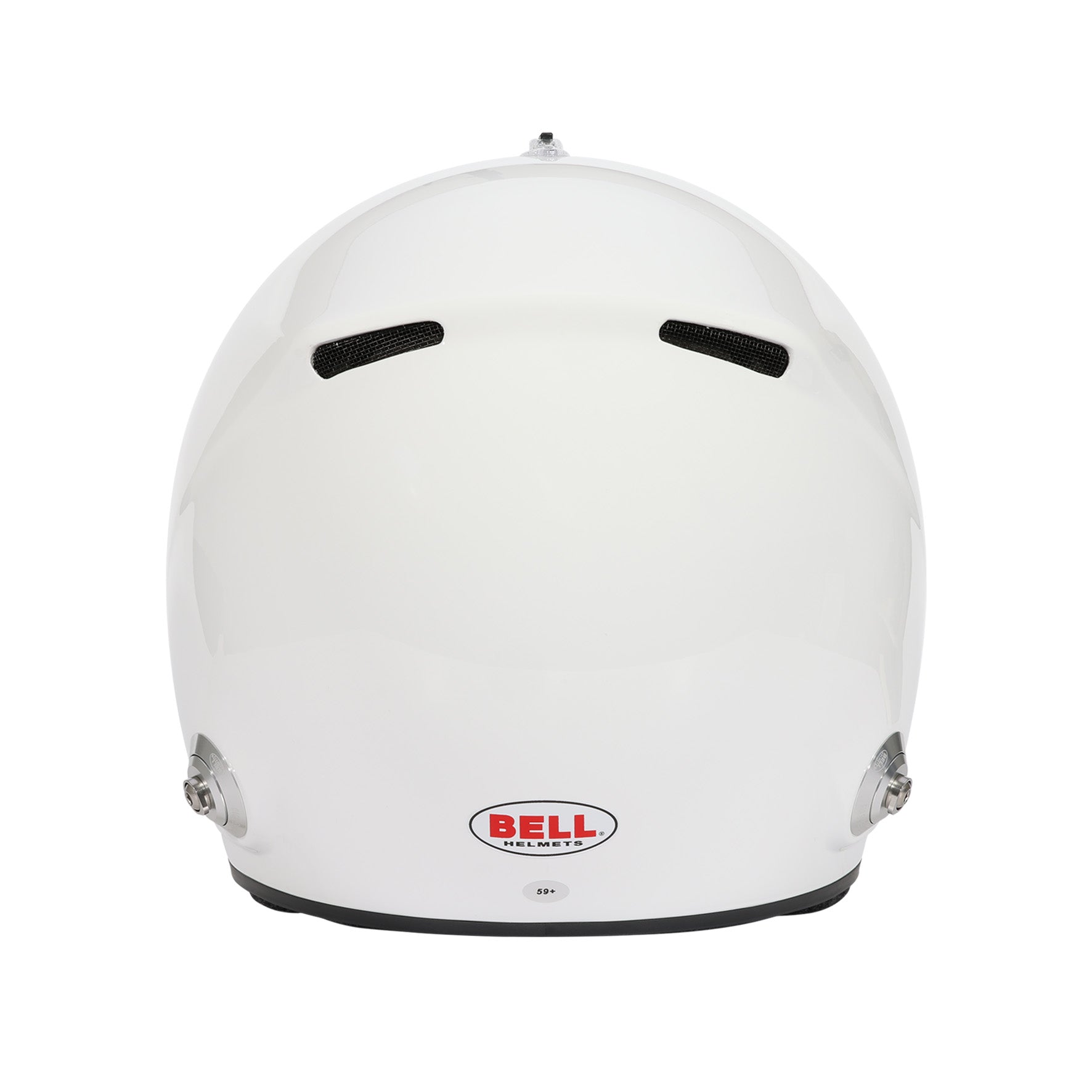 Bell XR7 Pro SA2025 racing helmet rear view — Venturi extraction ports and lightweight carbon fiberglass composite shell in white