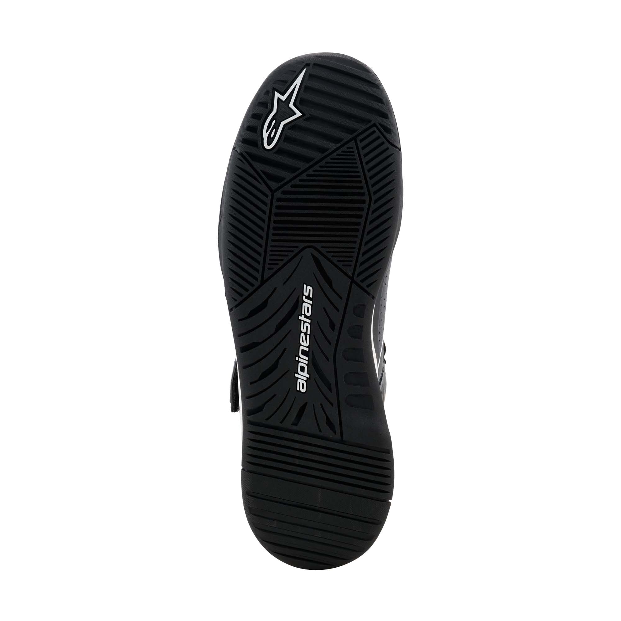Alpinestars Radar V2 FIA/SFI Pit Crew Shoes in Black/White, sole view showing Alpinestars exclusive rubber compound outsole with toe coverage and traction tread pattern.