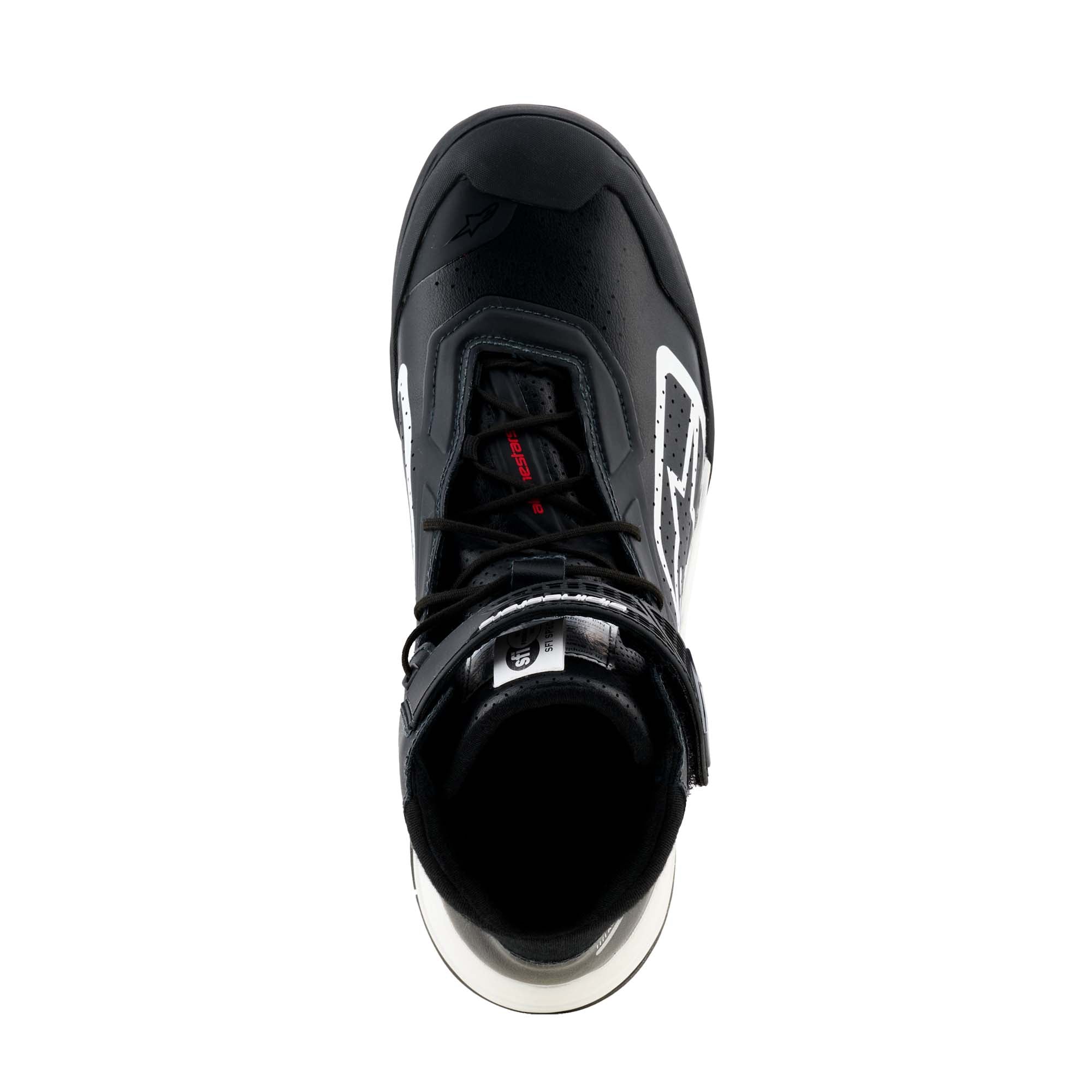 Alpinestars Radar V2 FIA/SFI Pit Crew Shoes in Black/White, top-down view showing dual closure system with TPR hook-and-loop strap, eyelet lacing, and perforated tongue padding.