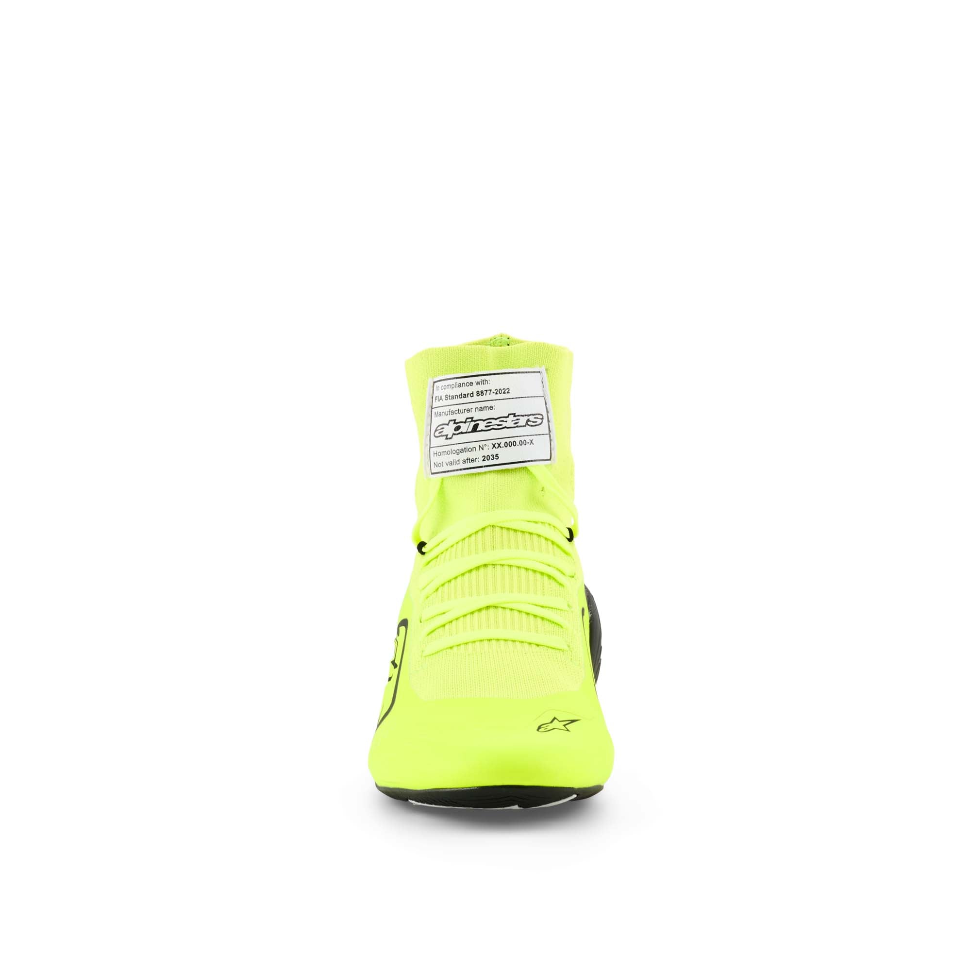 Alpinestars Supertech K FIA Karting Shoes in Yellow Fluo/Black/White, front view showing knitted upper construction and overall shoe profile.