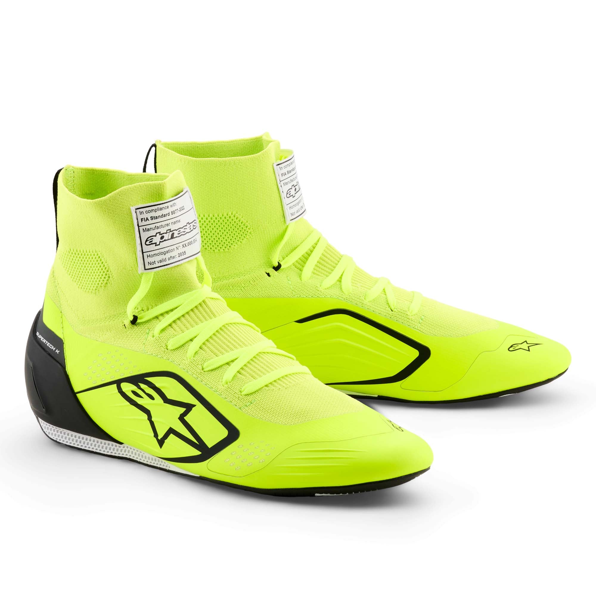 Alpinestars Supertech K FIA Karting Shoes in Yellow Fluo/Black/White, showing fully knitted upper, TPU heel counter, and ultra-thin F1-derived rubber outsole.
