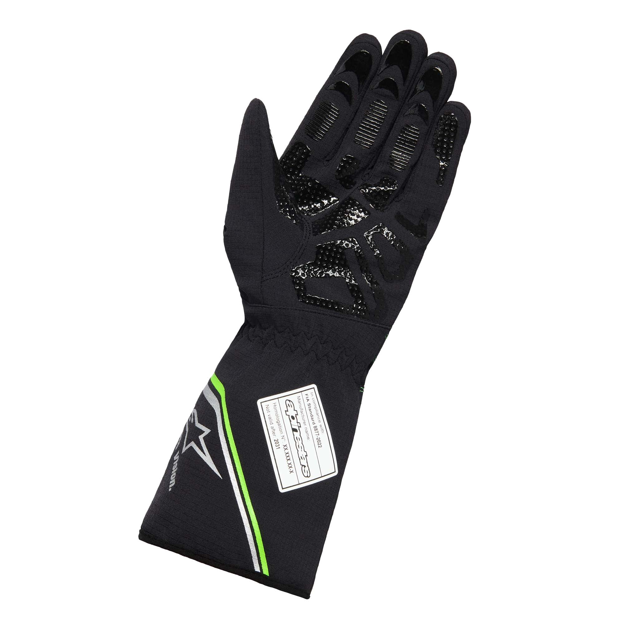Silicone palm grip of Alpinestars Tempest V3 Waterproof Karting Gloves in Black/Fluo Green