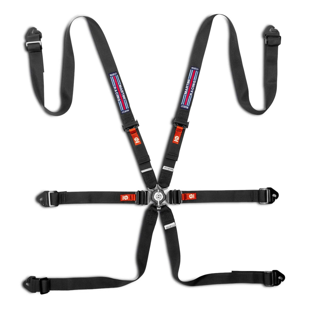 Sparco Martini Racing Comp H-2 PD 6-point racing harness in Black with woven Martini stripe patch