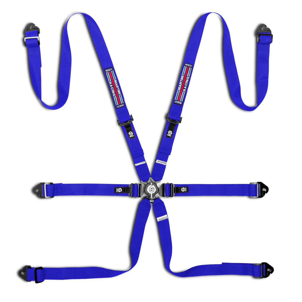 Sparco Martini Racing Comp H-2 PD 6-point racing harness in Blue with woven Martini stripe patch
