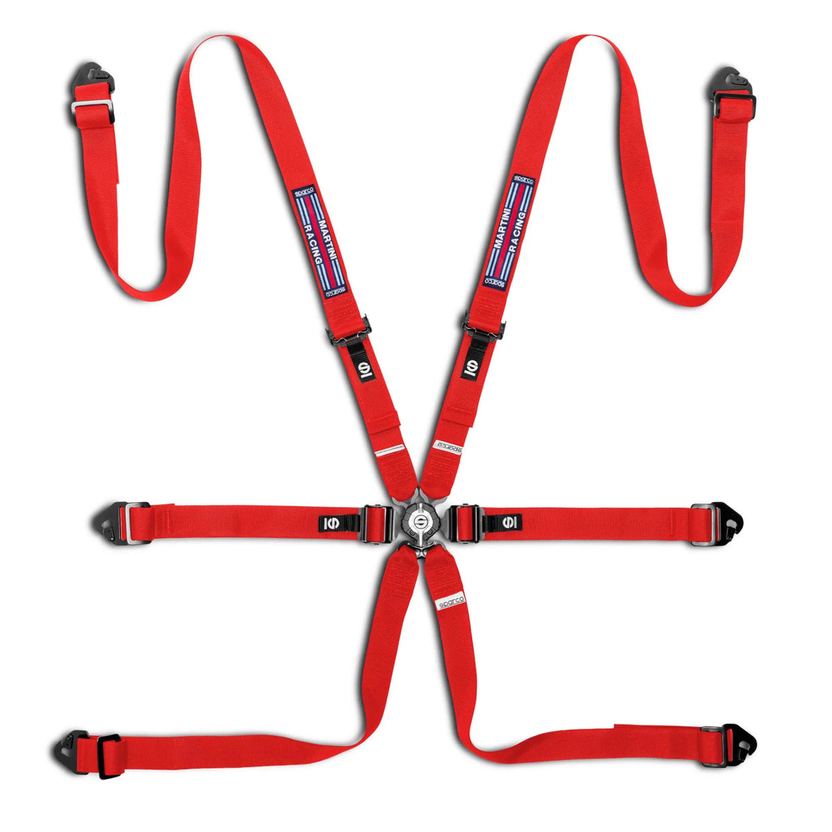 Sparco Martini Racing Comp H-2 PD 6-point racing harness in Red with woven Martini stripe patch