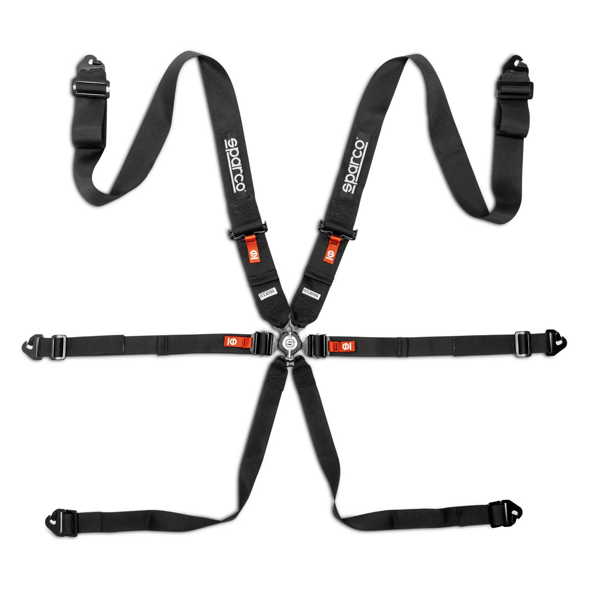 Sparco Comp H-3 6-point endurance racing harness in Black, featuring full-width 3-inch shoulder straps and steel adjusters