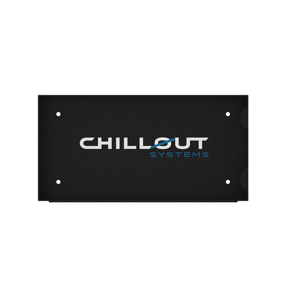 Bottom view of Chillout Systems carbon fiber mounting plate showing underside mounting surface