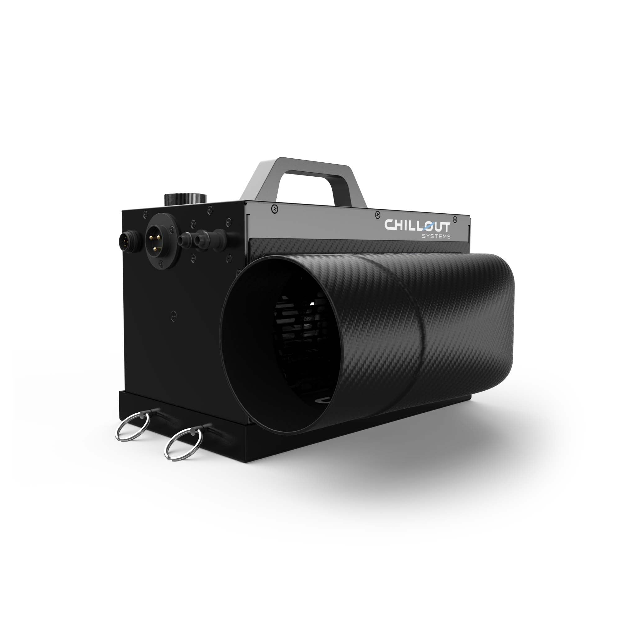 Side profile of 4-inch carbon fiber 90° air plenum installed on cooling system
