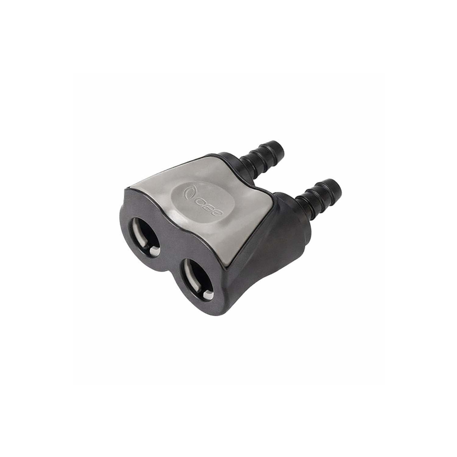 Chillout Systems Dual Prong Hose Connector for ¼″ tubing with secure latch for motorsports driver cooling systems.