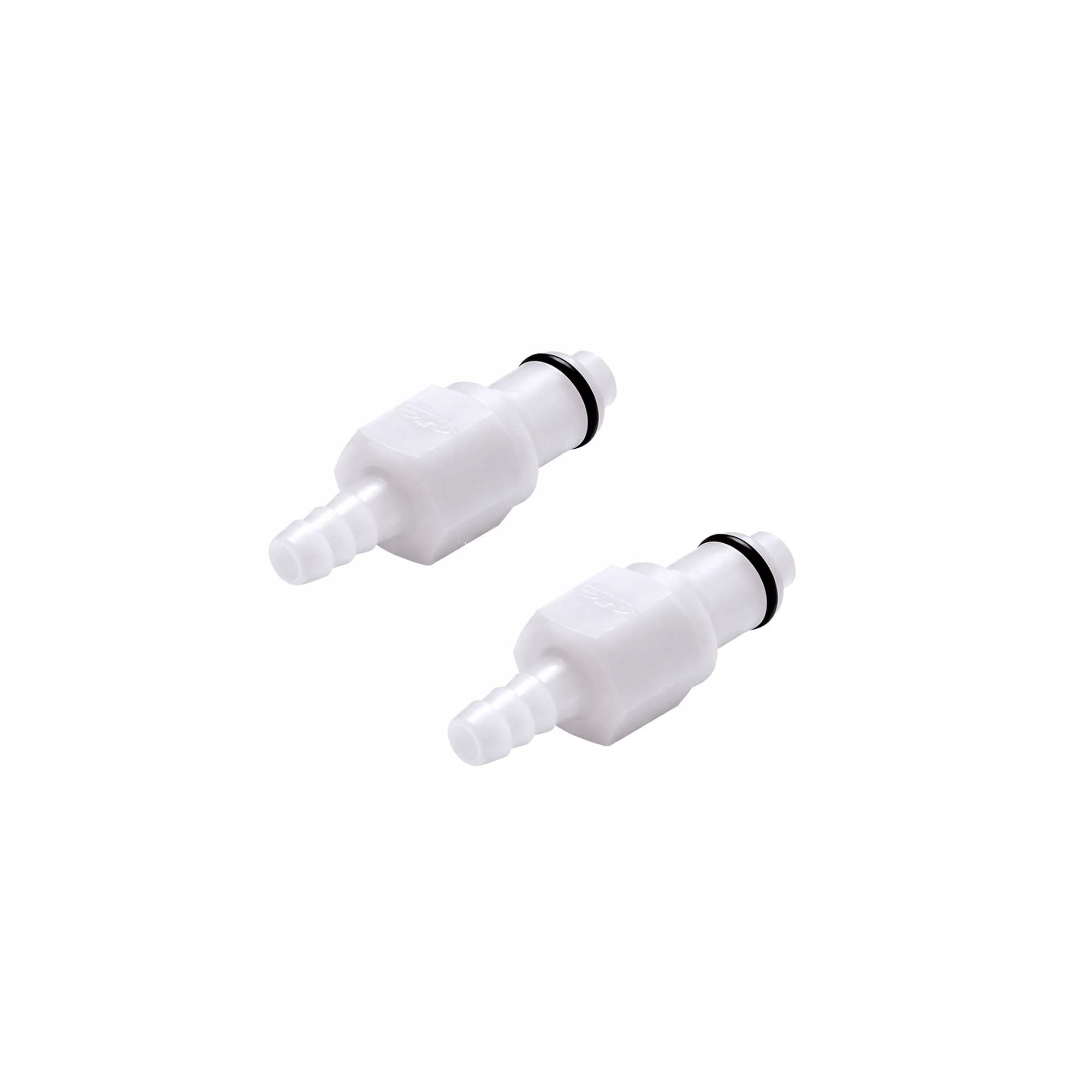 Chillout Systems single‑tube hose connectors pair for driver cooling systems.