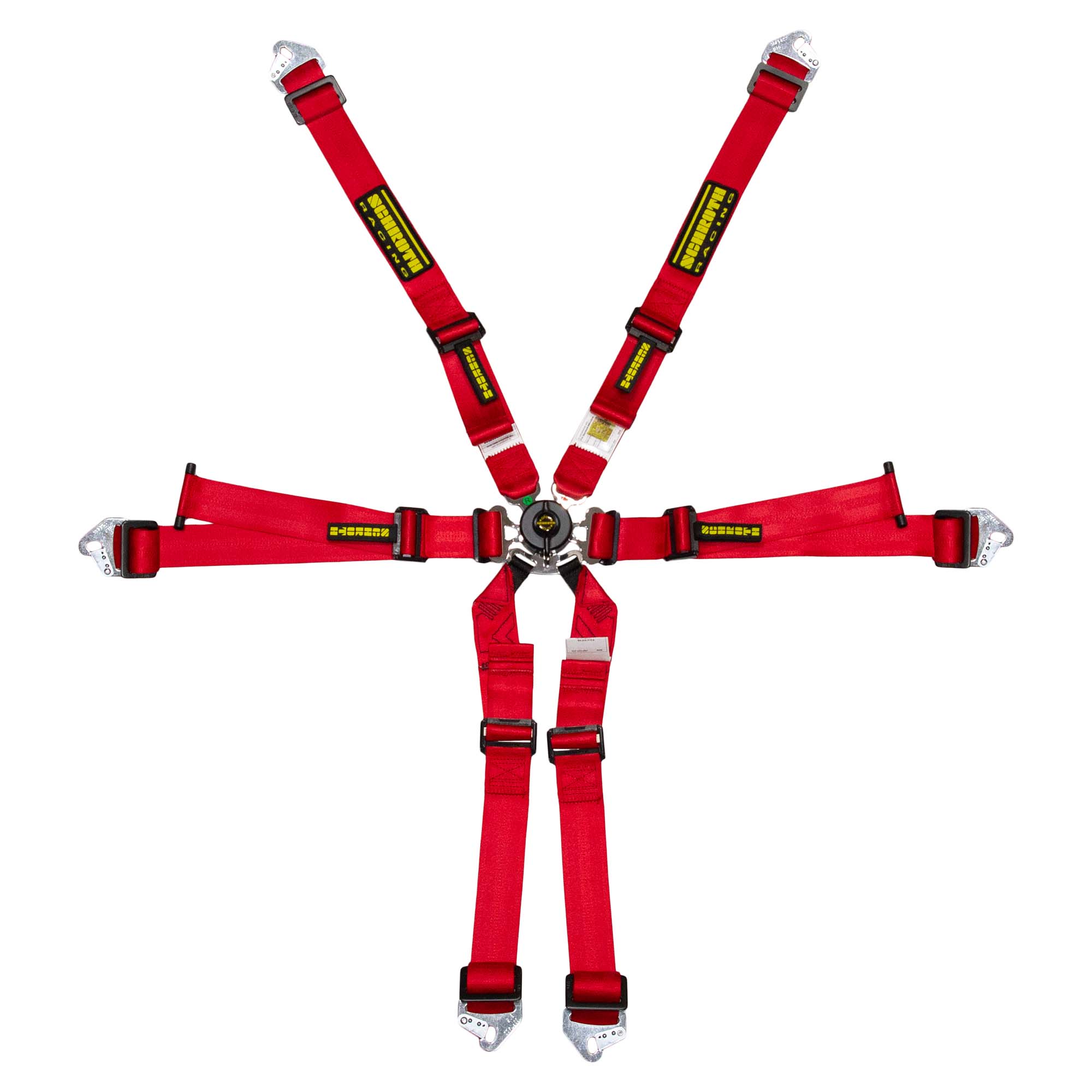 Schroth Flexi 2x2 racing harness in red with FIA approved 6‑point configuration and 2″ HNR‑compatible belts.