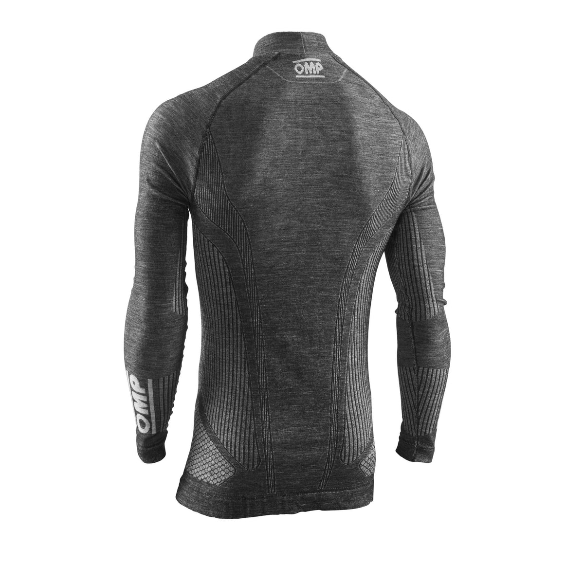 OMP Tecnica Evo v2 FIA 8856-2018 racing undershirt in Anthracite, back view showing seamless construction and raglan sleeves