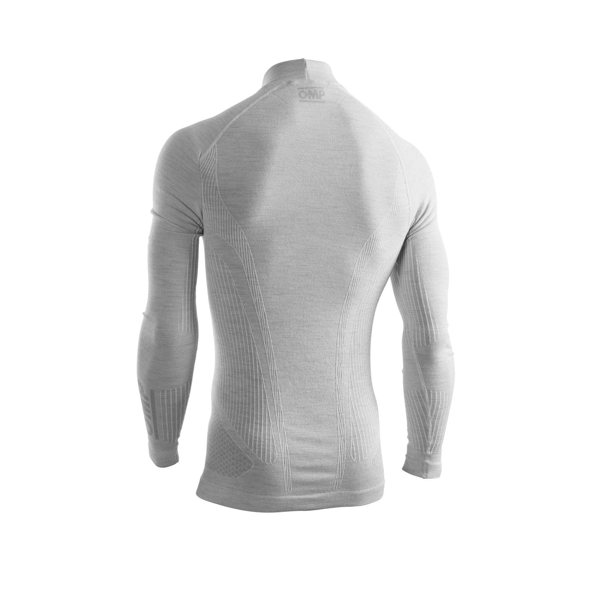 OMP Tecnica Evo v2 FIA 8856-2018 racing undershirt in Silver White, back view showing seamless construction and raglan sleeves