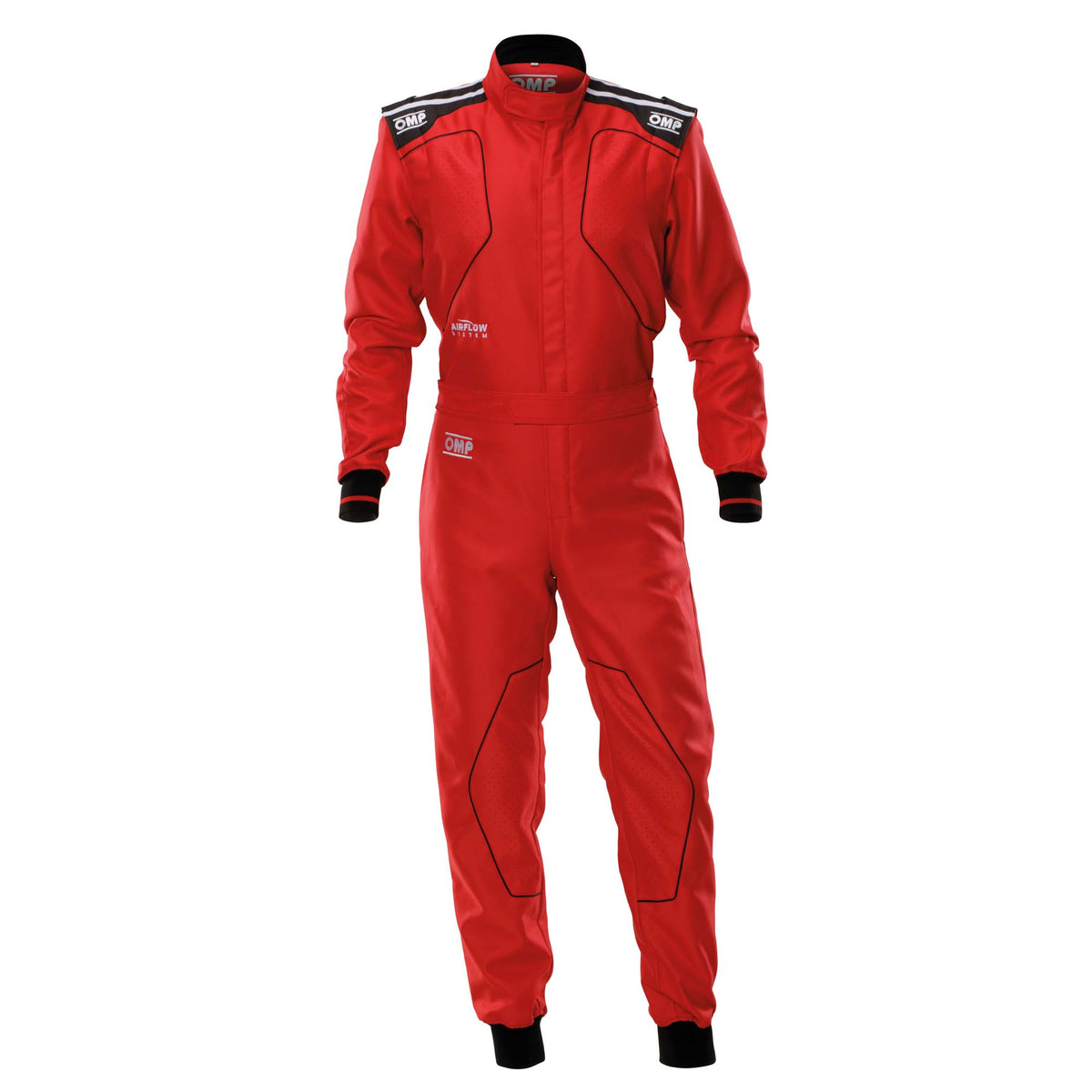 OMP KS-4 v2 karting suit in Red with contrast stripes and wrist cuffs