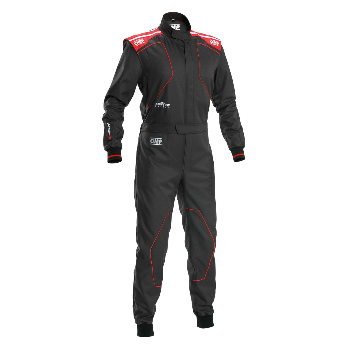OMP KS-4 v2 karting suit in Black/Red with breathable mesh lining