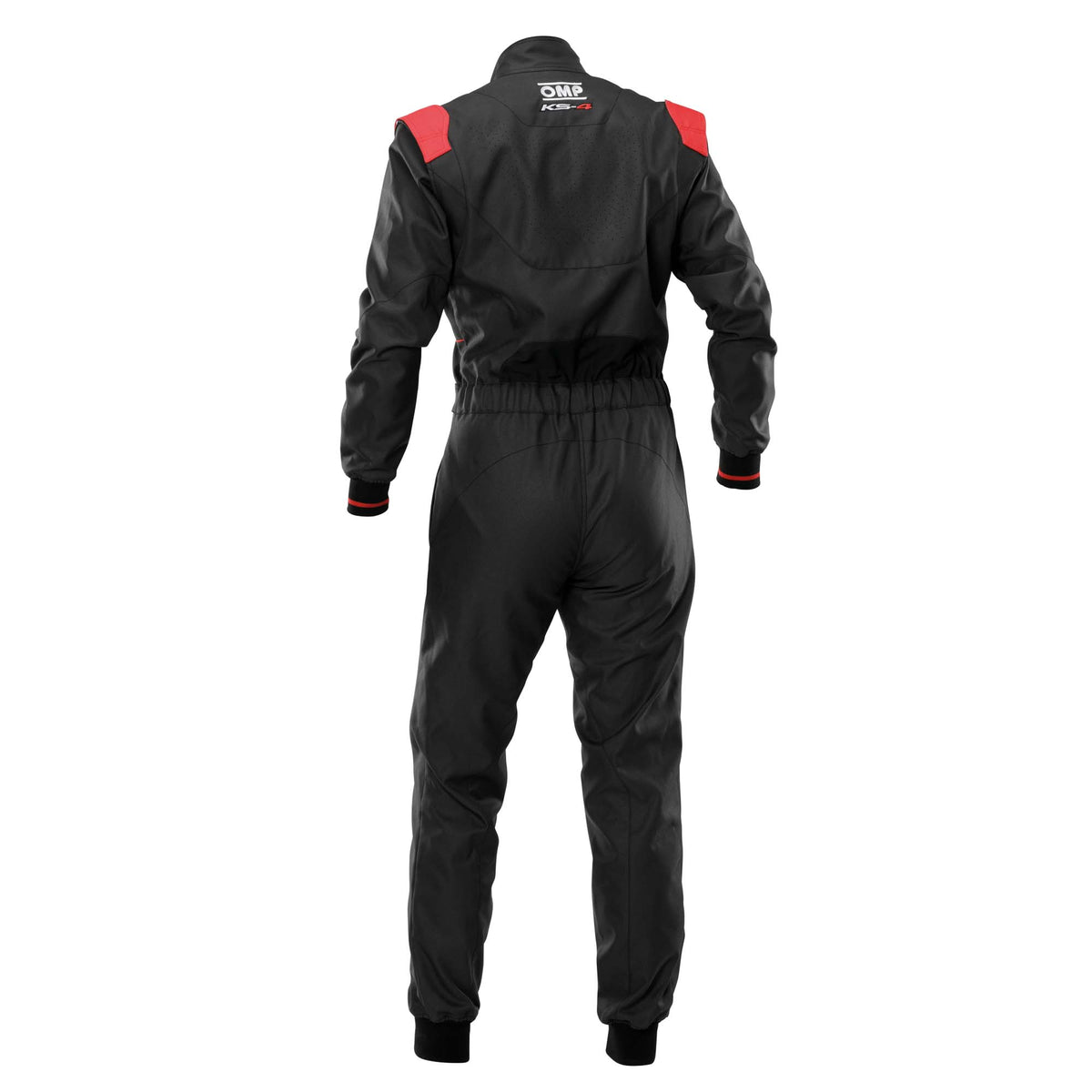 OMP KS-4 v2 karting suit in Black/Red, back view showing contrast stripes and stretch insert