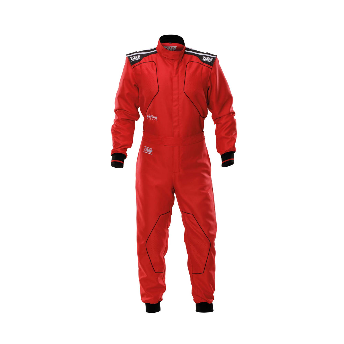 OMP KS-4 v2 youth karting suit in Red with contrast stripes and wrist cuff